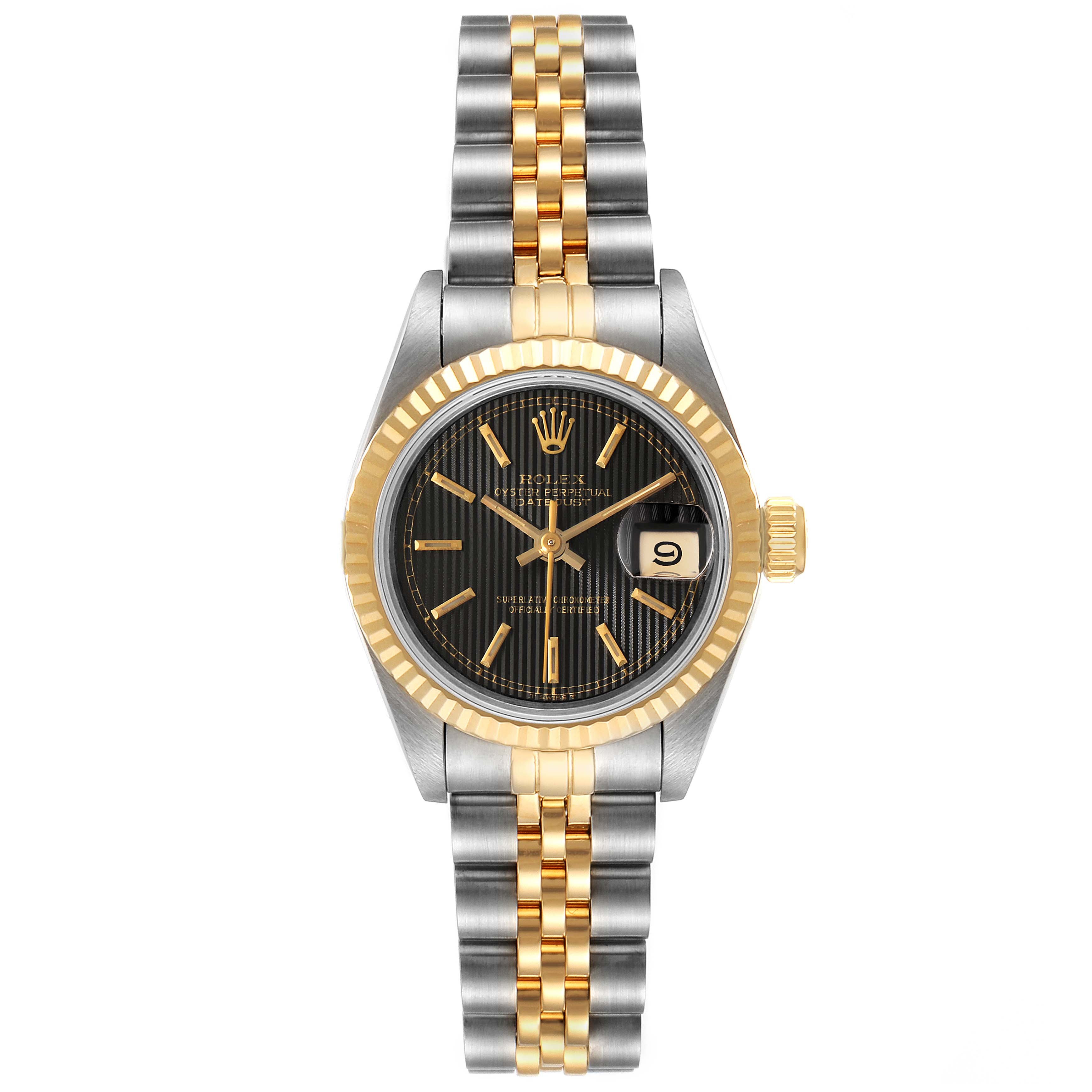 The image shows a Rolex Datejust 69173 Women's Steel and Gold (two tone) Black Dial 69173 Women's Steel and Gold (two tone) Black Dial watch from a top-down angle, highlighting its dial, bezel, case, and bracelet.