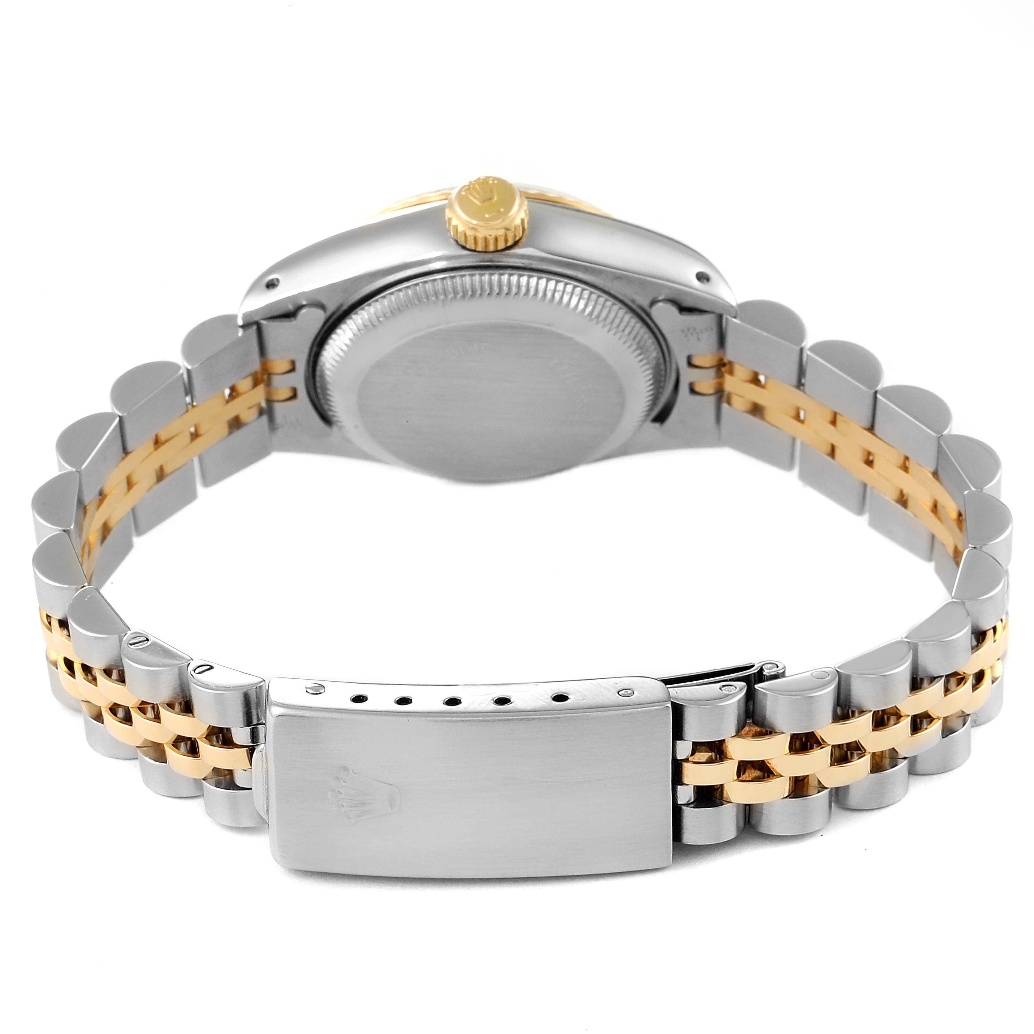 The image shows the back view of a Rolex Datejust 69173 Women's Steel and Gold (two tone) Black Dial 69173 Women's Steel and Gold (two tone) Black Dial watch, displaying the case, bracelet, and clasp.