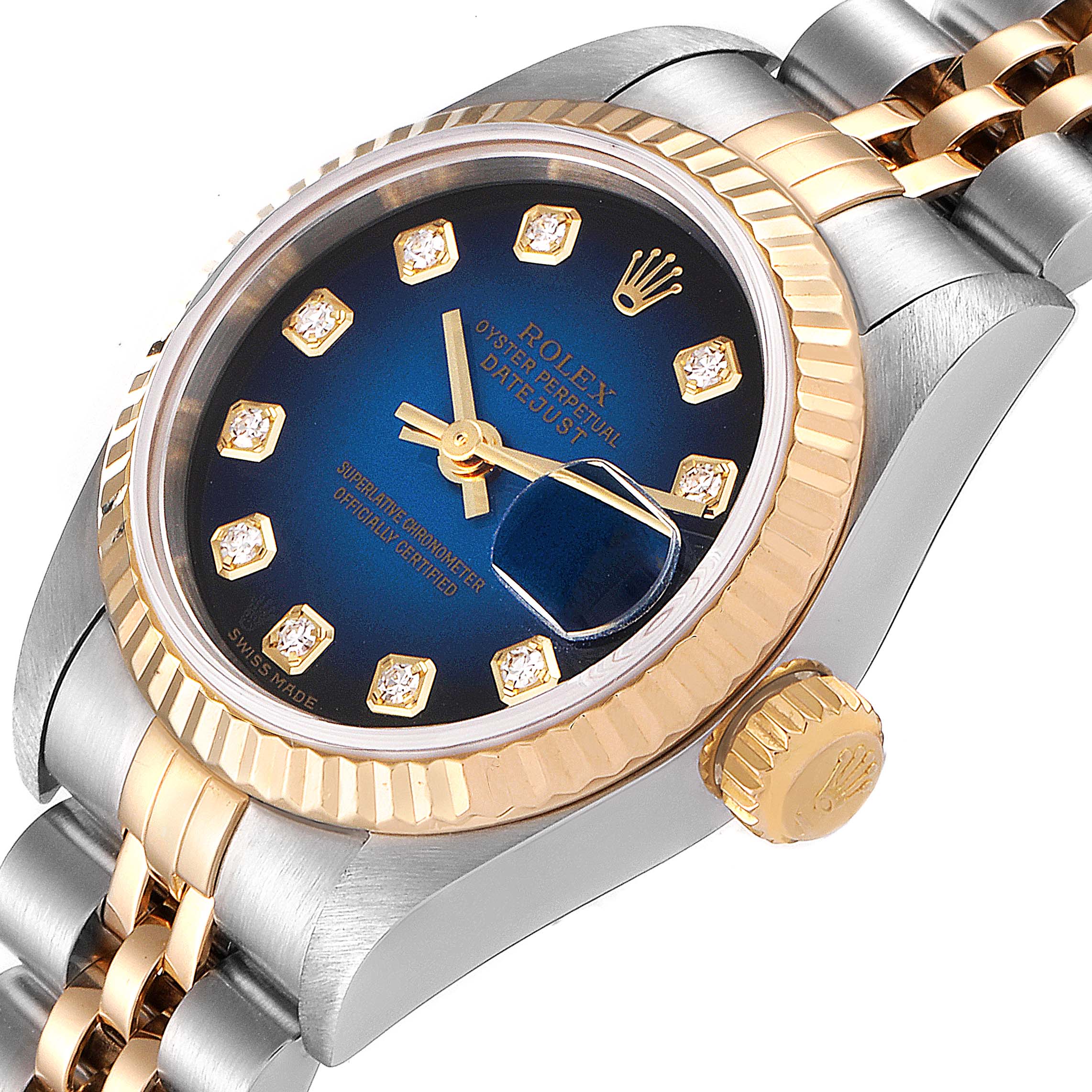 This image shows the Rolex Datejust 79173 Women's Steel and Gold (two tone) Blue Dial 79173 Women's Steel and Gold (two tone) Blue Dial watch at an angled view highlighting the face, bezel, crown, and part of the bracelet.
