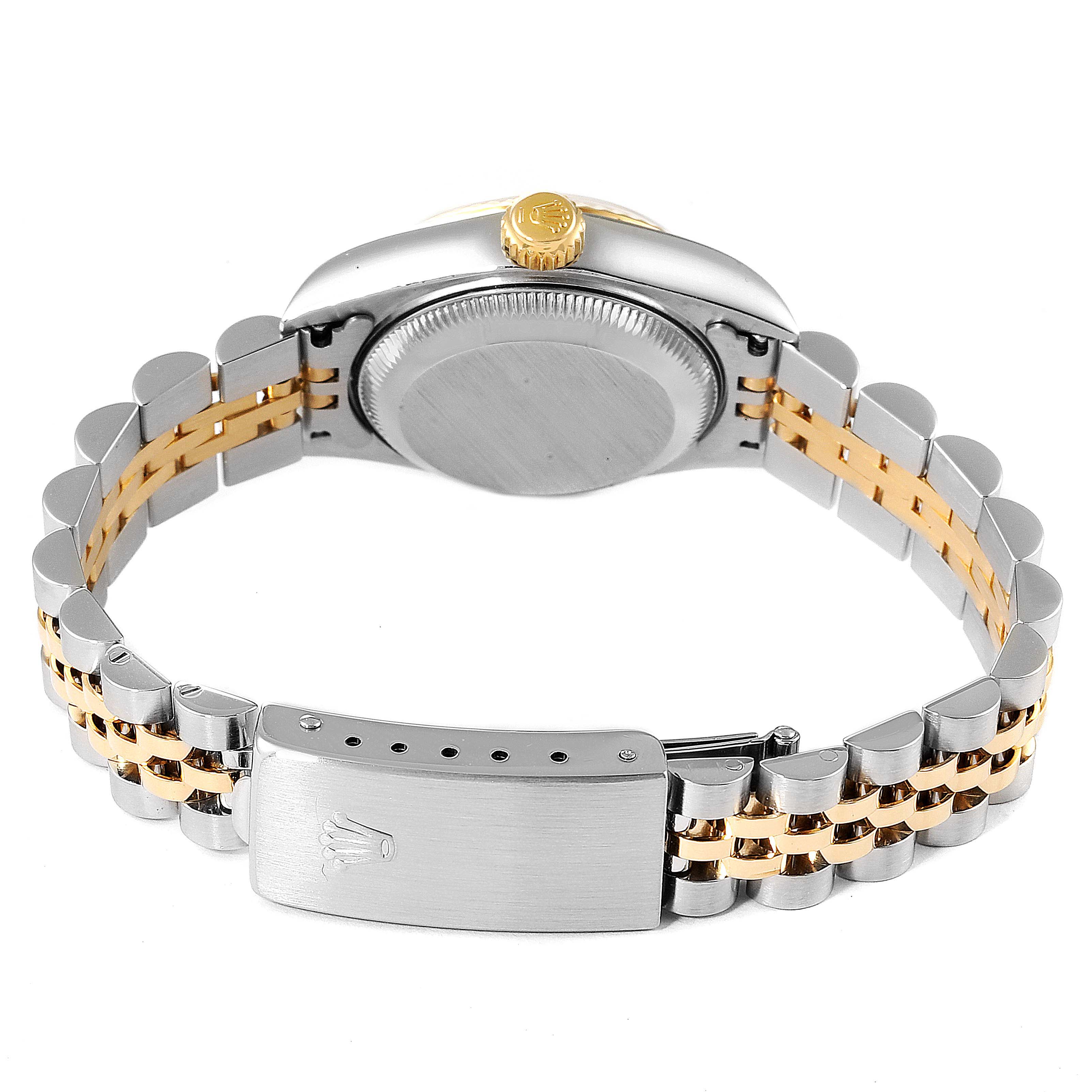 This image shows the back angle of a Rolex Datejust 79173 Women's Steel and Gold (two tone) Blue Dial 79173 Women's Steel and Gold (two tone) Blue Dial watch, highlighting the jubilee bracelet, clasp, case back, and crown.