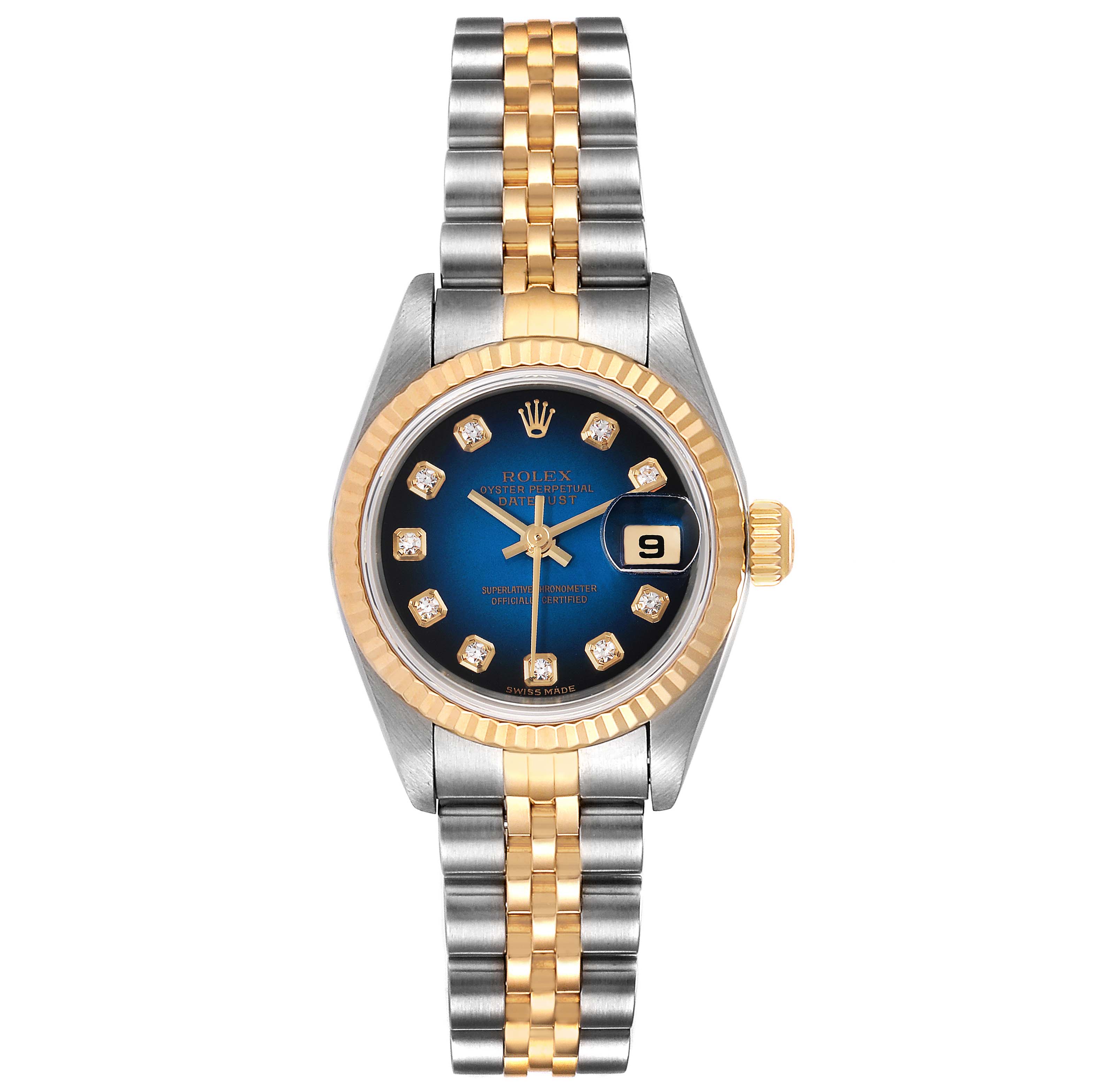 This image shows a front view of a Rolex Datejust 79173 Women's Steel and Gold (two tone) Blue Dial 79173 Women's Steel and Gold (two tone) Blue Dial watch, highlighting its blue dial, gold bezel, and two-tone bracelet.