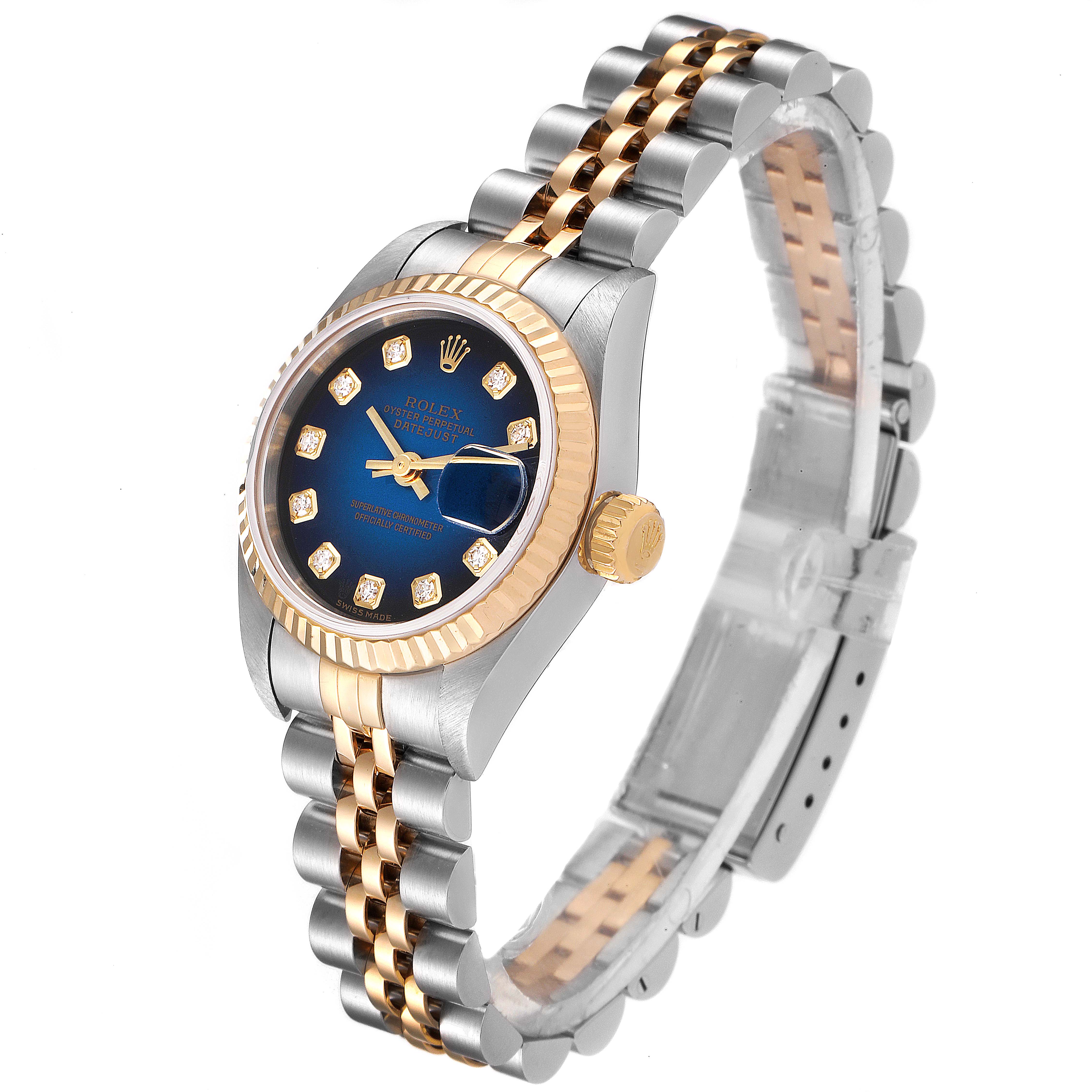 The image shows the Rolex Datejust 79173 Women's Steel and Gold (two tone) Blue Dial 79173 Women's Steel and Gold (two tone) Blue Dial watch at a slight angle, highlighting its dial, bezel, and two-tone bracelet.