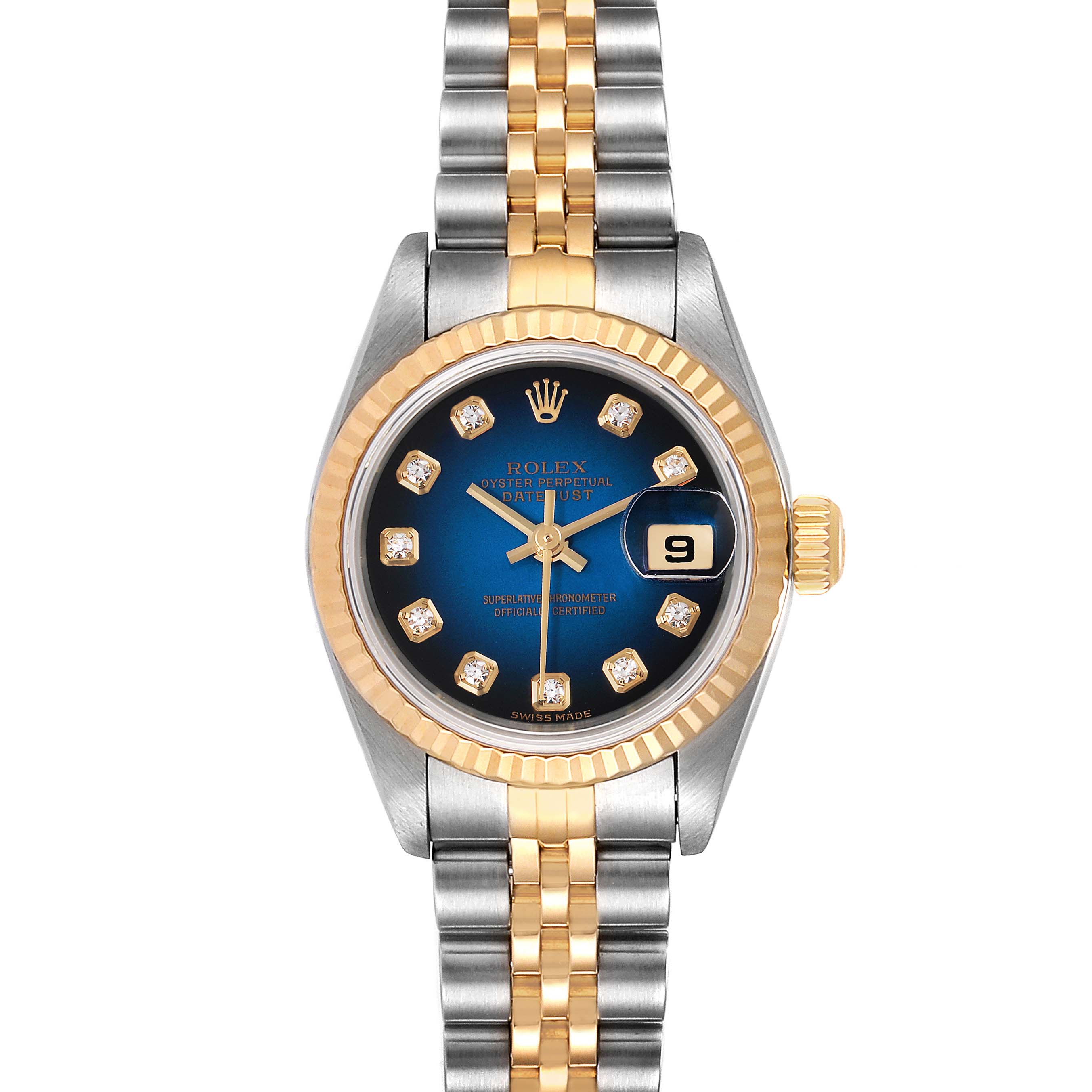The image shows a front view of a Rolex Datejust 79173 Women's Steel and Gold (two tone) Blue Dial 79173 Women's Steel and Gold (two tone) Blue Dial watch, featuring a two-tone bracelet and a blue dial with diamond hour markers.