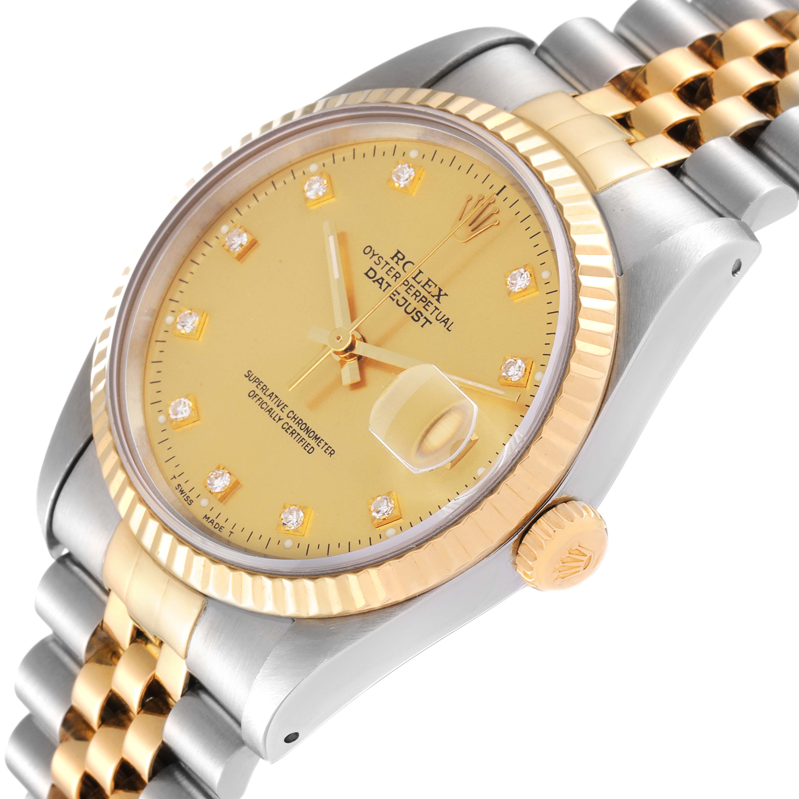 The Rolex Datejust 16233 Men
s Steel and Gold (two tone) Champagne Dial watch is shown at a 3/4 angle, highlighting the dial, fluted bezel, crown, and part of the bracelet.