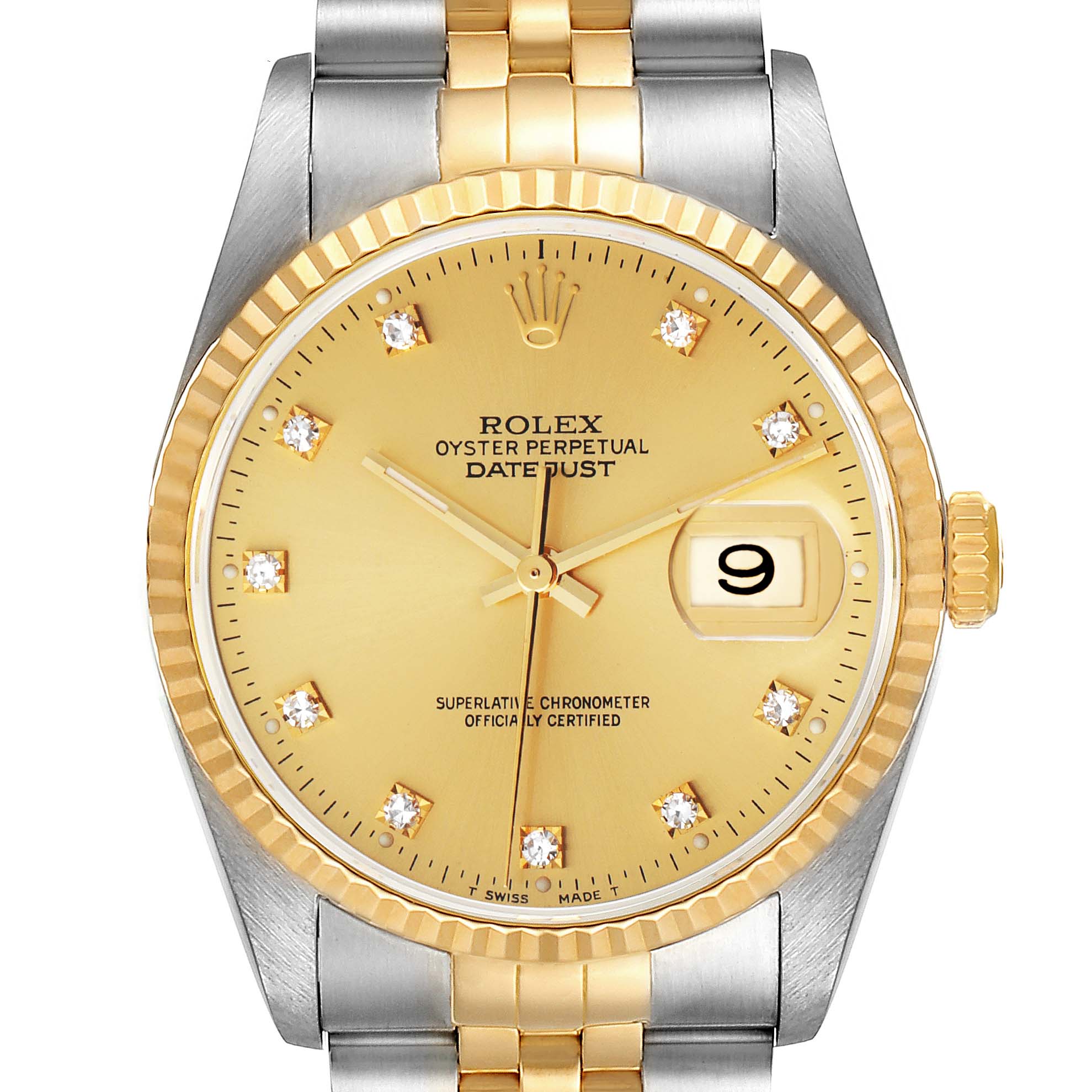 The Rolex Datejust 16233 Men
s Steel and Gold (two tone) Champagne Dial is shown from the front, displaying the dial, fluted bezel, two-tone bracelet, and date window.