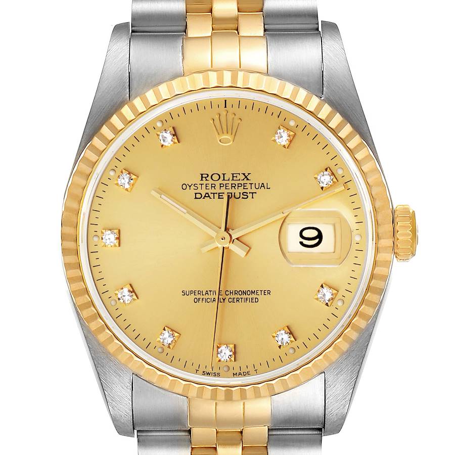 The Rolex Datejust 16233 Men's Steel and Gold (two tone) Champagne Dial is shown from the front, displaying the dial, fluted bezel, two-tone bracelet, and date window.