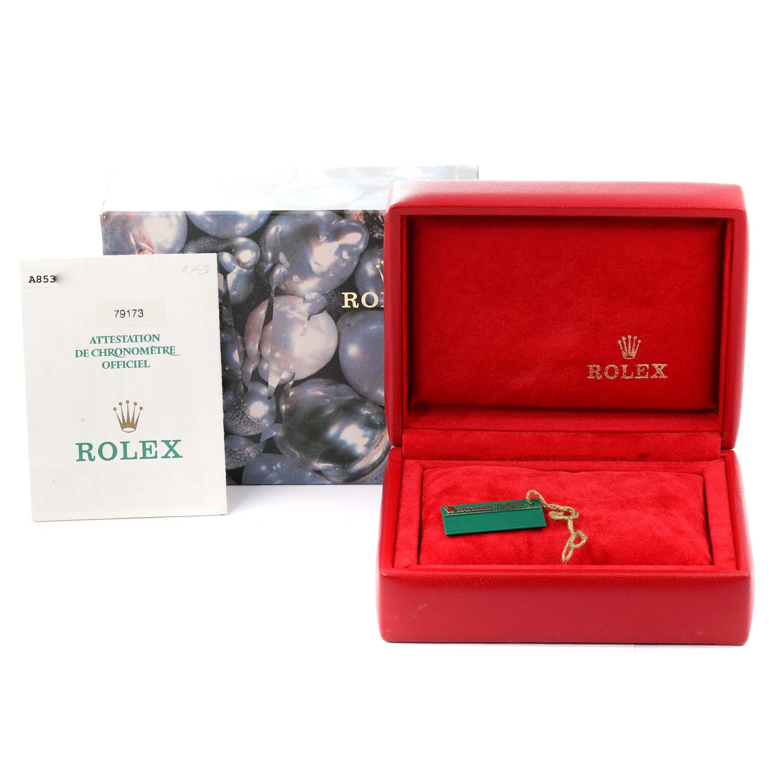 This image shows the box, tag, and certification papers for a Rolex Datejust 79173 Women's Steel and Gold (two tone) Champagne Dial 79173 Women's Steel and Gold (two tone) Champagne Dial watch.