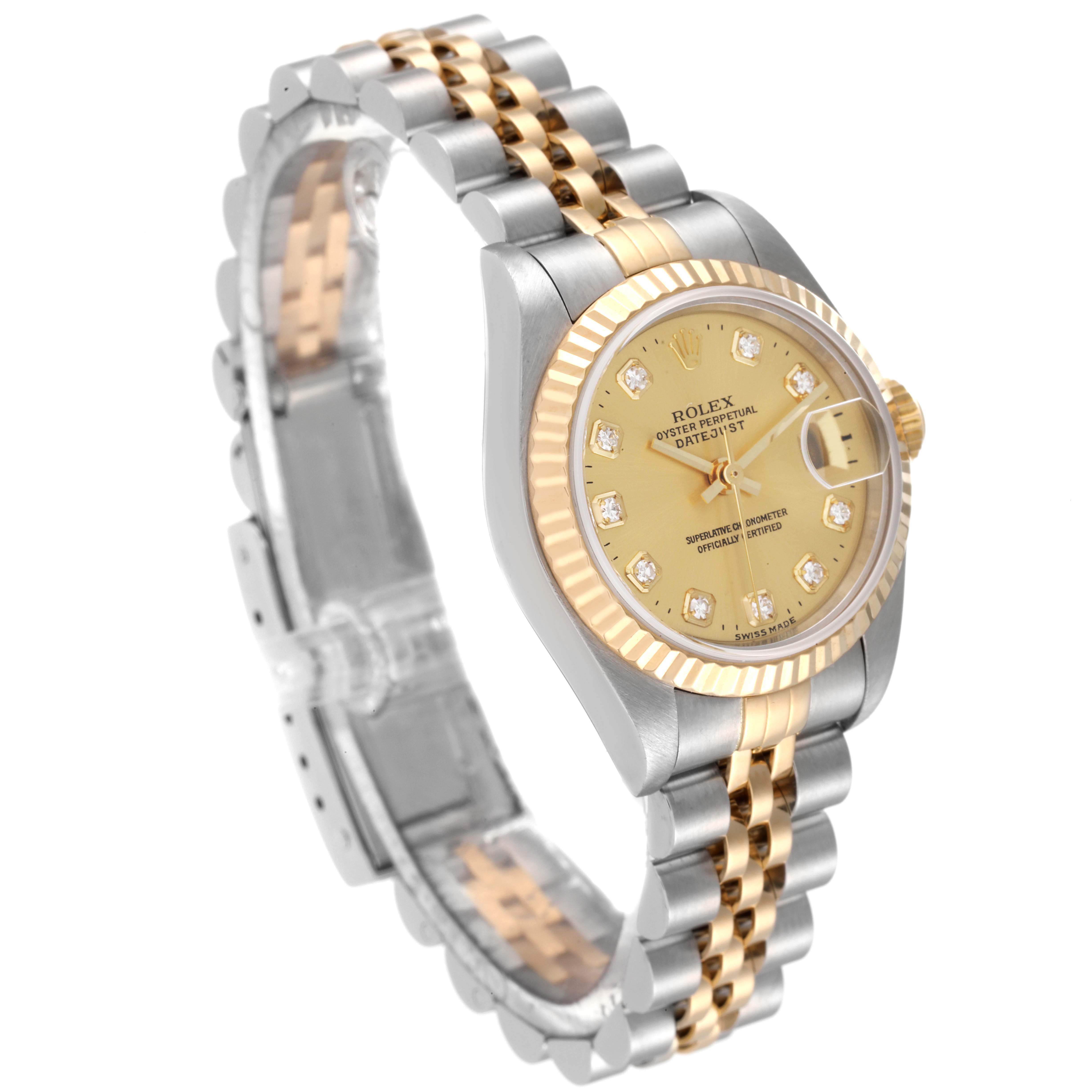 The Rolex Datejust 79173 Women's Steel and Gold (two tone) Champagne Dial 79173 Women's Steel and Gold (two tone) Champagne Dial watch is shown at a three-quarter angle, highlighting its two-tone bracelet and diamond-set gold dial with a fluted bezel.