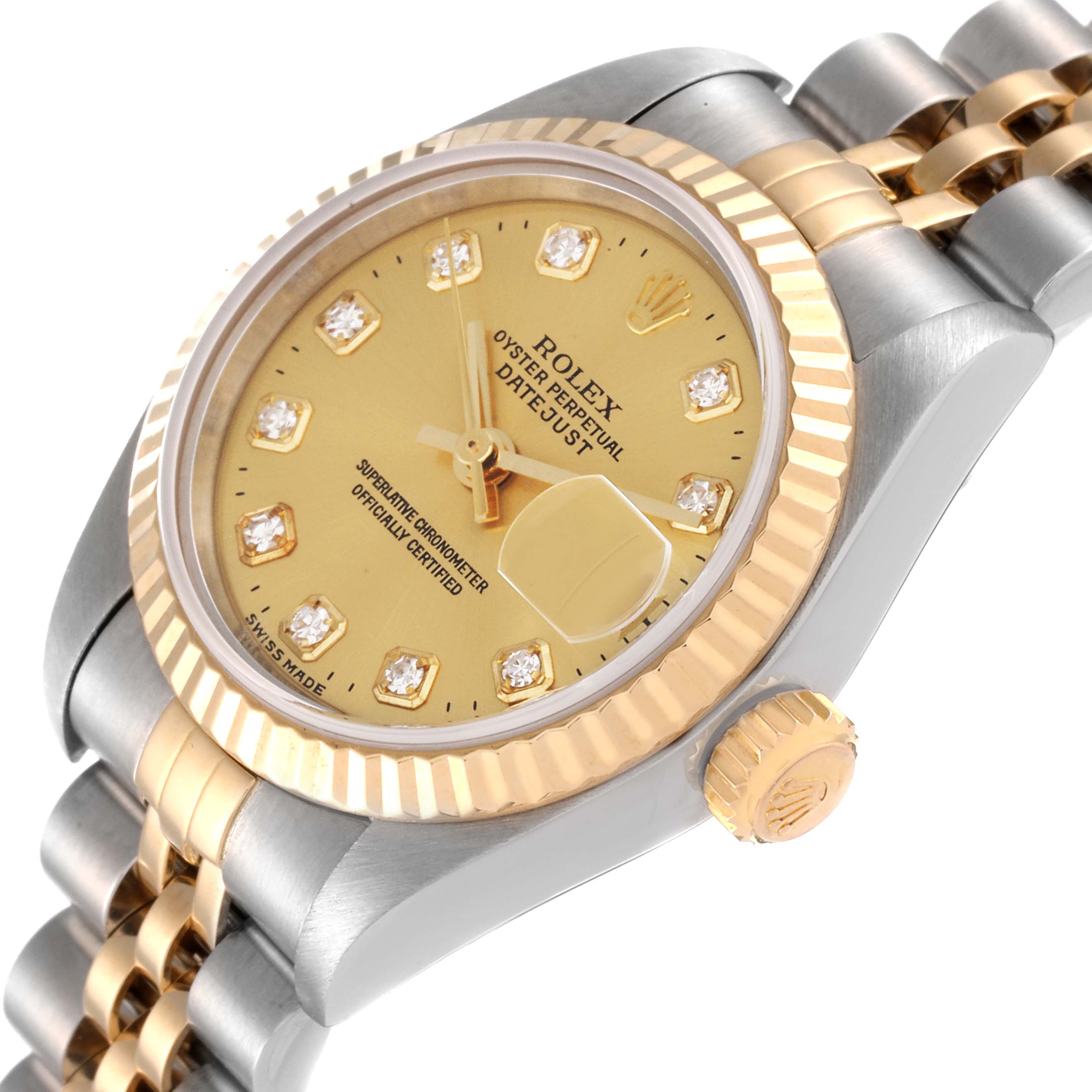 The image shows a Rolex Datejust 79173 Women's Steel and Gold (two tone) Champagne Dial 79173 Women's Steel and Gold (two tone) Champagne Dial watch at an angle highlighting its dial, bezel, crown, and part of the bracelet.