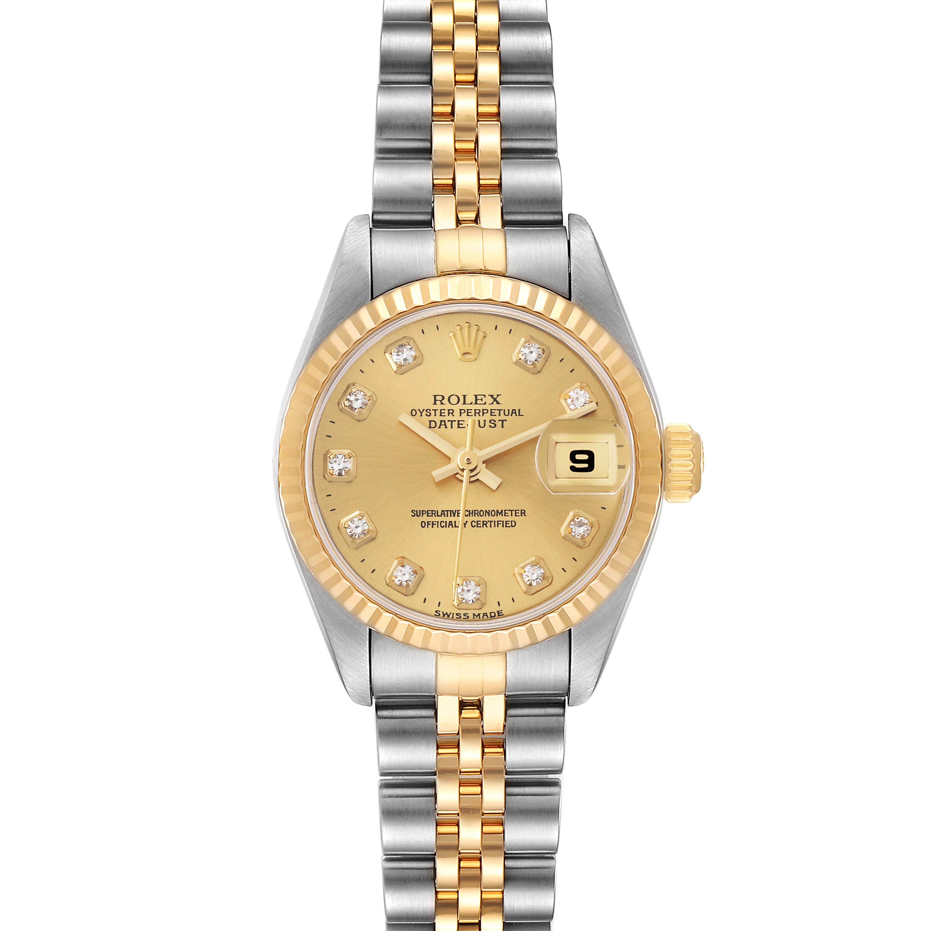 This Rolex Datejust 79173 Women's Steel and Gold (two tone) Champagne Dial 79173 Women's Steel and Gold (two tone) Champagne Dial watch is shown from the front, displaying its face, bezel, crown, and bracelet.