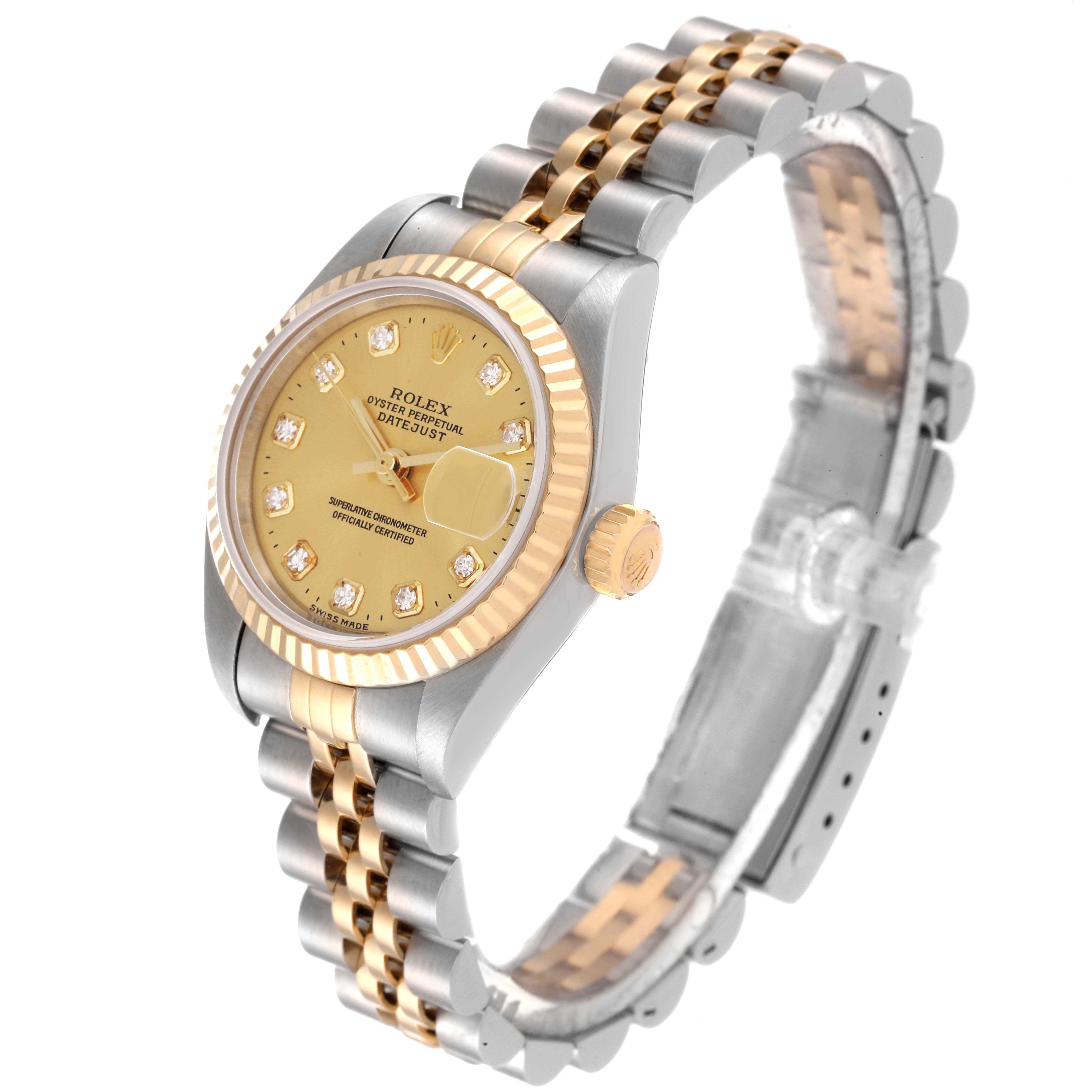 Angled left-front view, showing the dial, bezel, crown, and bracelet of the Rolex Datejust 79173 Women's Steel and Gold (two tone) Champagne Dial 79173 Women's Steel and Gold (two tone) Champagne Dial watch.
