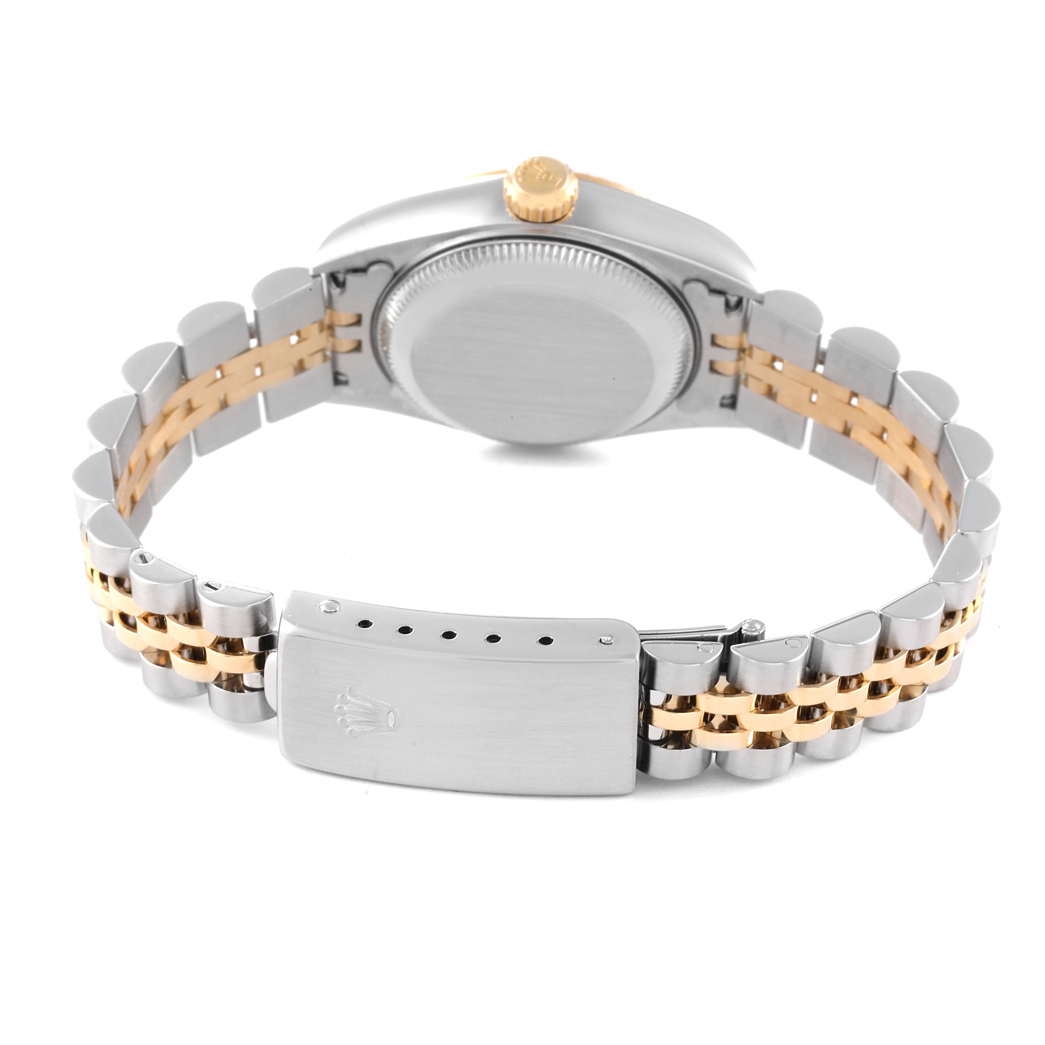 The image shows the back view of a Rolex Datejust 79173 Women's Steel and Gold (two tone) Champagne Dial 79173 Women's Steel and Gold (two tone) Champagne Dial watch, highlighting its bracelet and clasp.