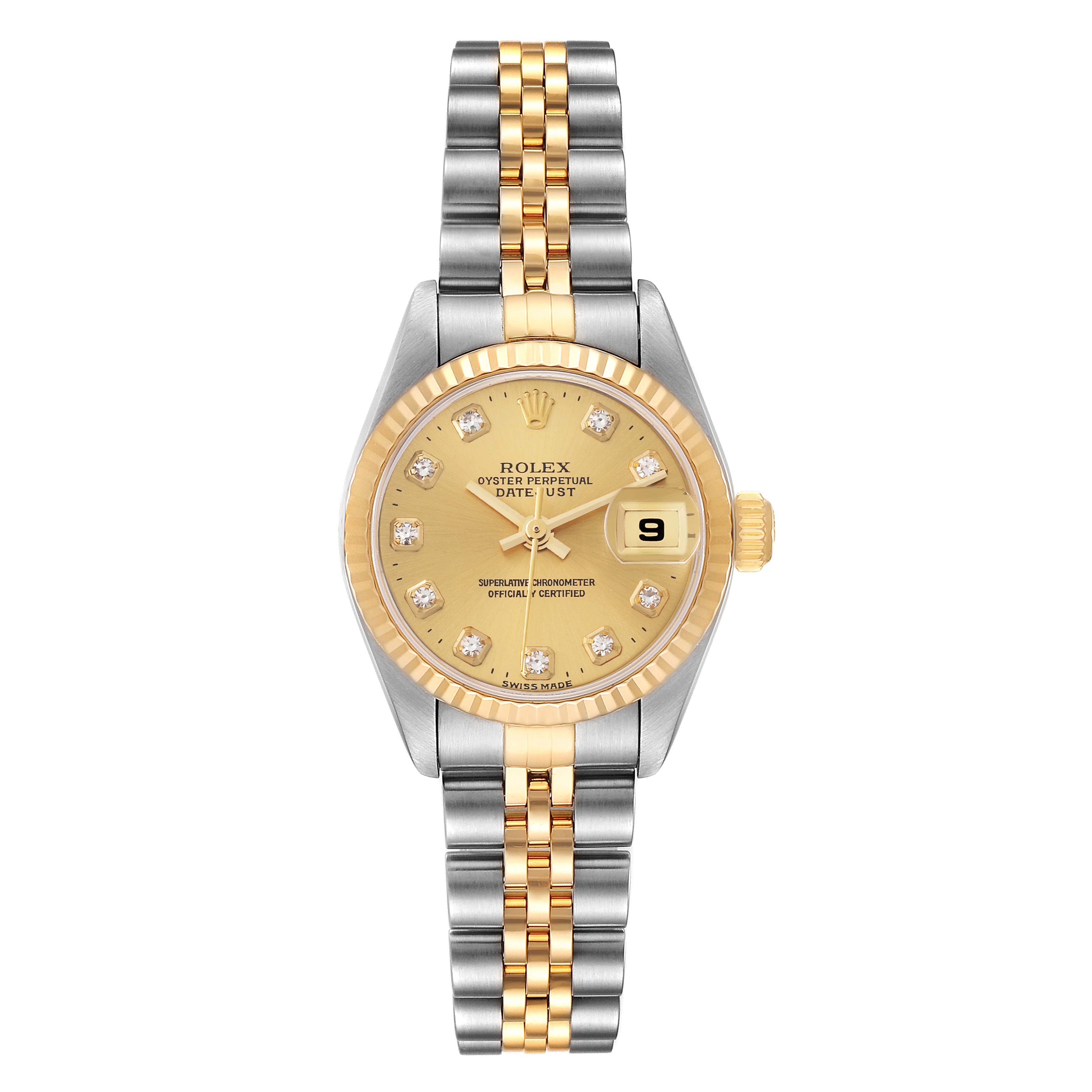 The image shows a frontal view of the Rolex Datejust 79173 Women's Steel and Gold (two tone) Champagne Dial 79173 Women's Steel and Gold (two tone) Champagne Dial watch, highlighting the dial, bezel, and two-tone bracelet.