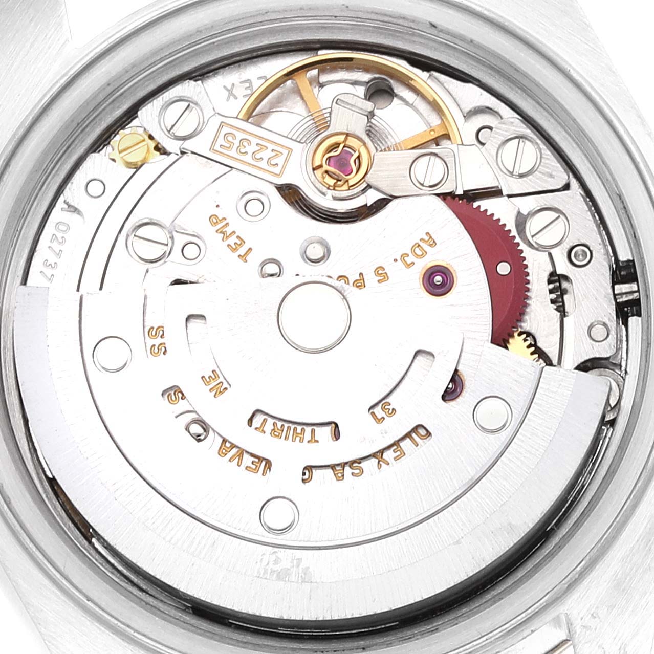 The image shows the movement and internal mechanisms of a Rolex Datejust 79173 Women's Steel and Gold (two tone) Champagne Dial 79173 Women's Steel and Gold (two tone) Champagne Dial watch from the back angle.