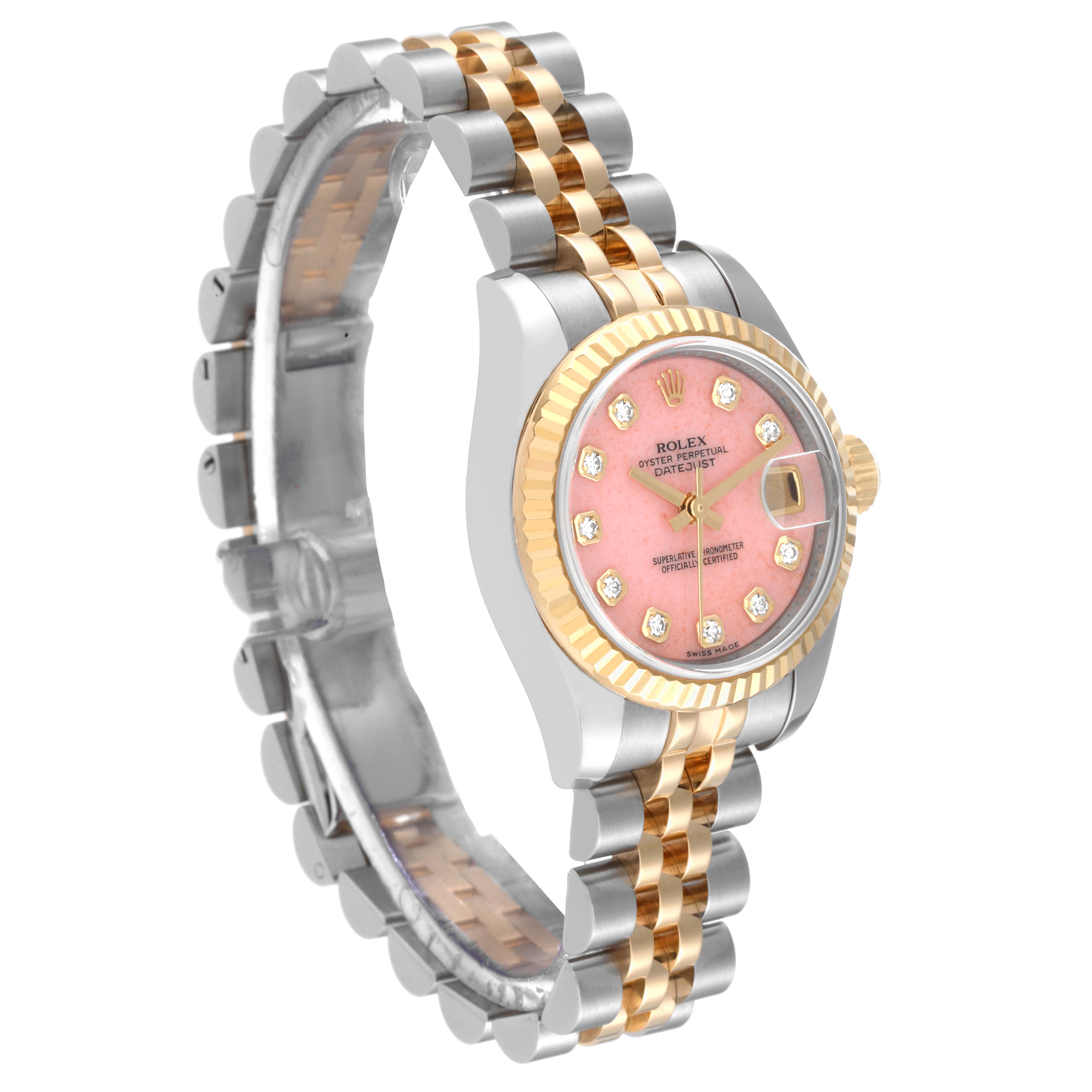 The Rolex Datejust 179173 Women's Steel and Gold (two tone) Pink Dial 179173 Women's Steel and Gold (two tone) Pink Dial watch is shown at an angled view, displaying the dial, bezel, crown, and Jubilee bracelet.