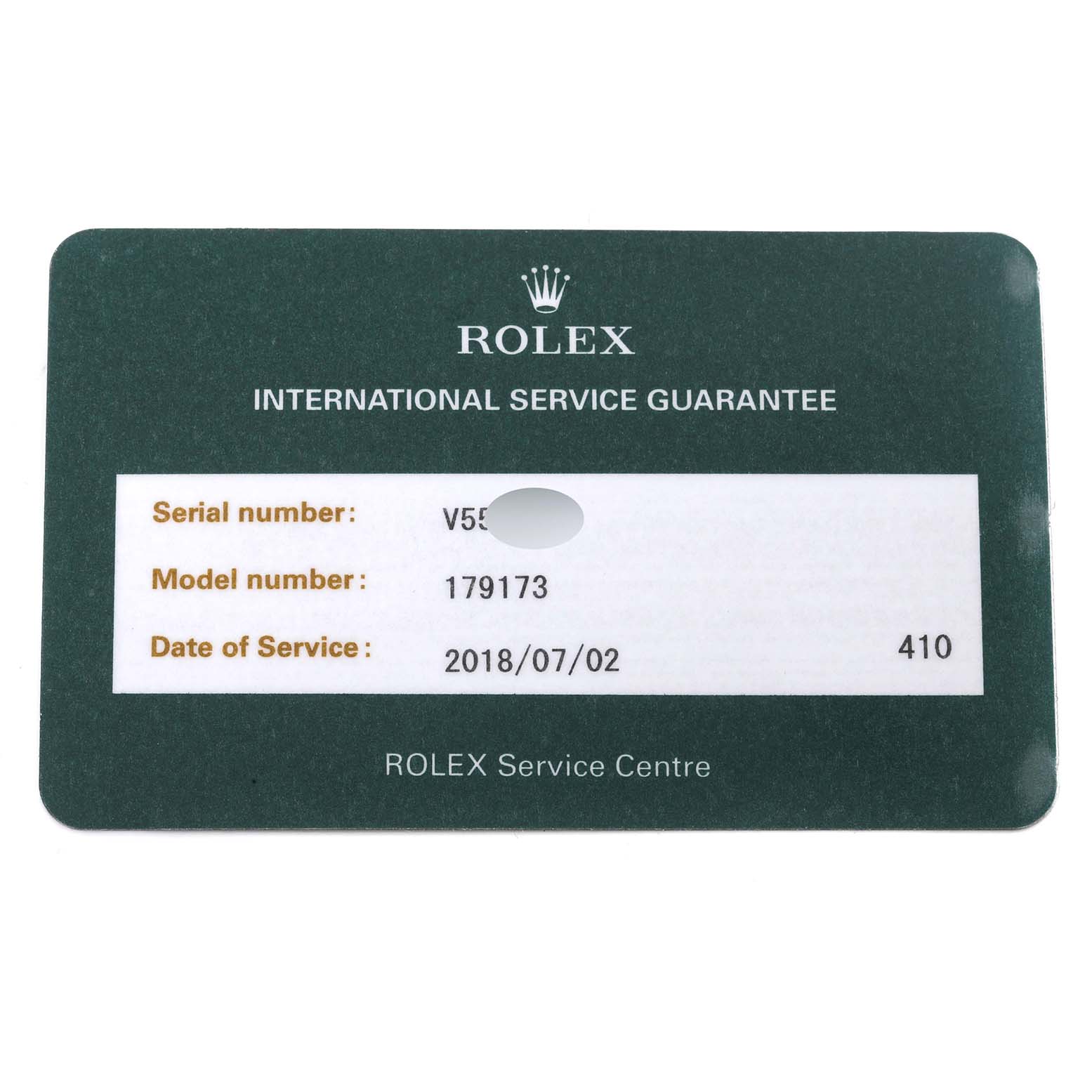 The image shows a Rolex Service Centre guarantee card for a Rolex Datejust 179173 Women's Steel and Gold (two tone) Pink Dial 179173 Women's Steel and Gold (two tone) Pink Dial, model number 179173, dated 2018/07/02.
