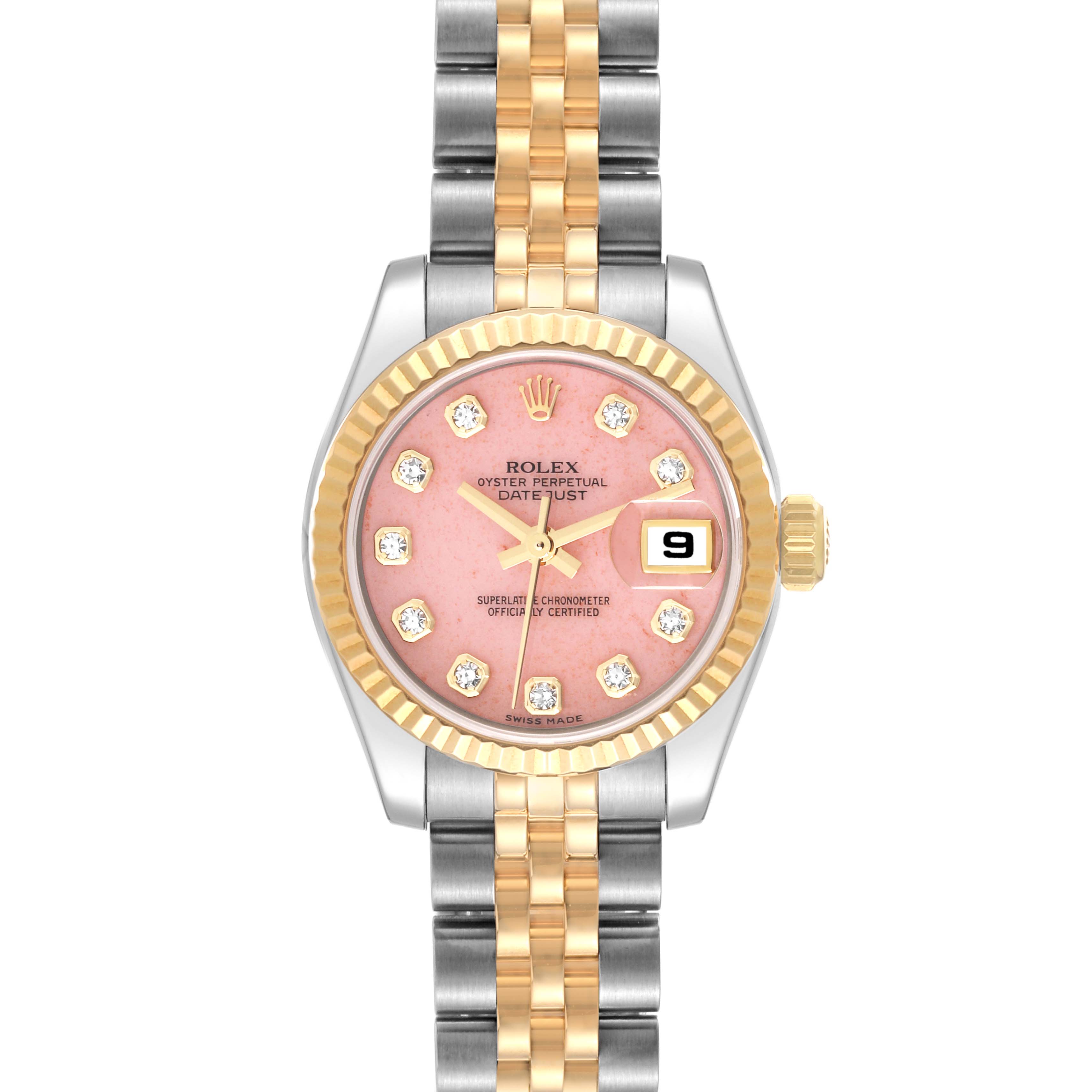 The Rolex Datejust 179173 Women's Steel and Gold (two tone) Pink Dial 179173 Women's Steel and Gold (two tone) Pink Dial watch is shown from a front angle, displaying its face, bezel, and bracelet.