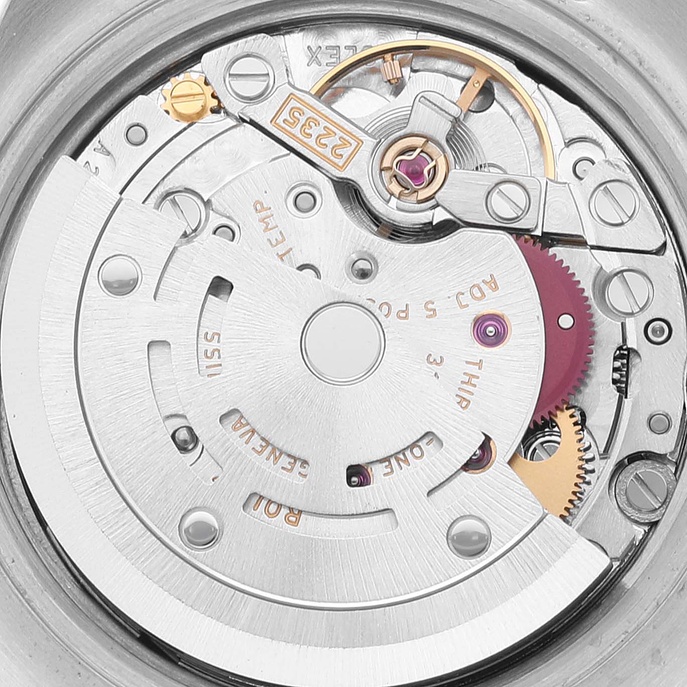 This image shows an internal view of the Rolex Datejust 179173 Women's Steel and Gold (two tone) Pink Dial 179173 Women's Steel and Gold (two tone) Pink Dial movement mechanism, highlighting gears, rotor, and other components.