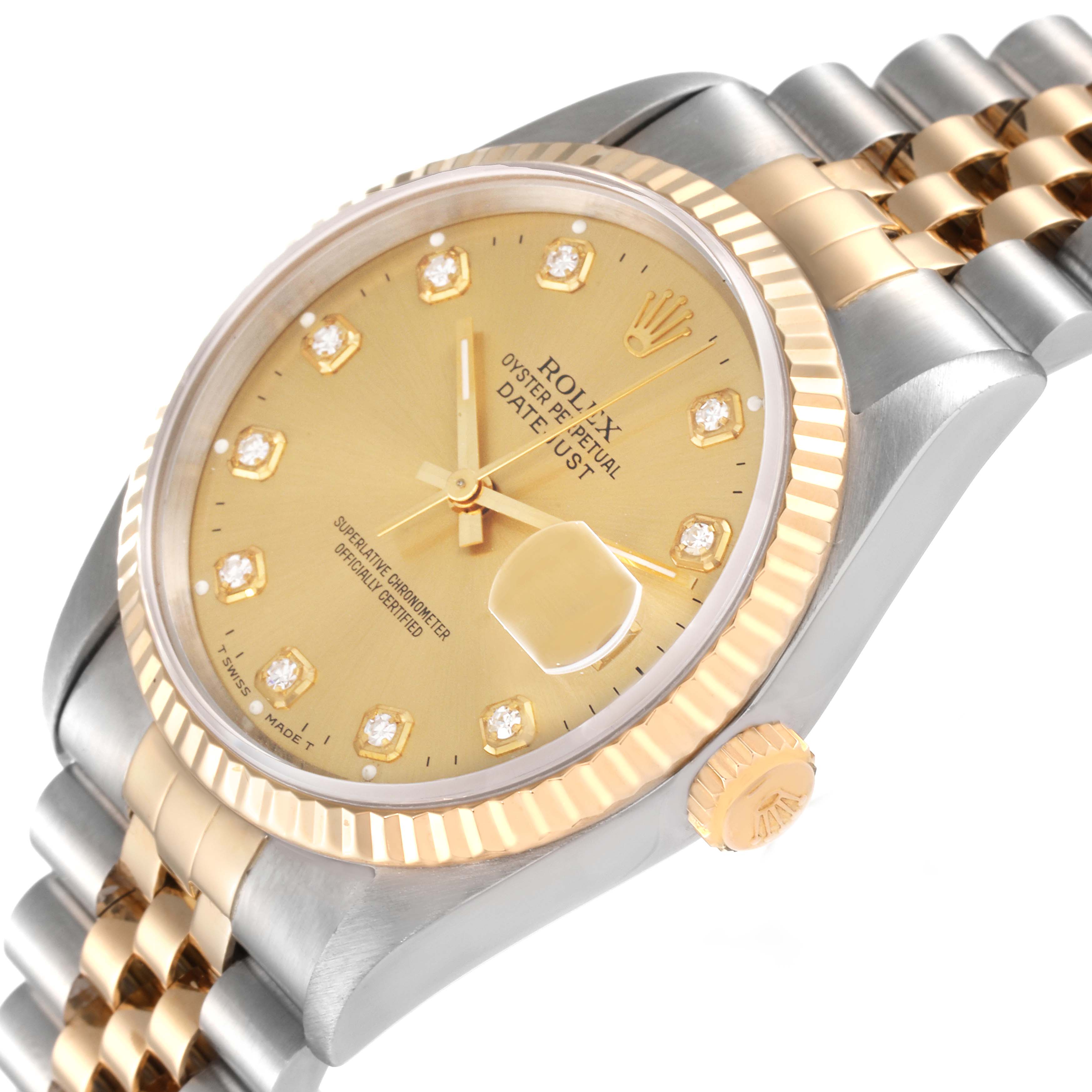 The Rolex Datejust 16233 Men's Steel and Gold (two tone) Champagne Dial 16233 Men's Steel and Gold (two tone) Champagne Dial watch is shown at an oblique angle, highlighting the face, bezel, crown, and part of the bracelet.