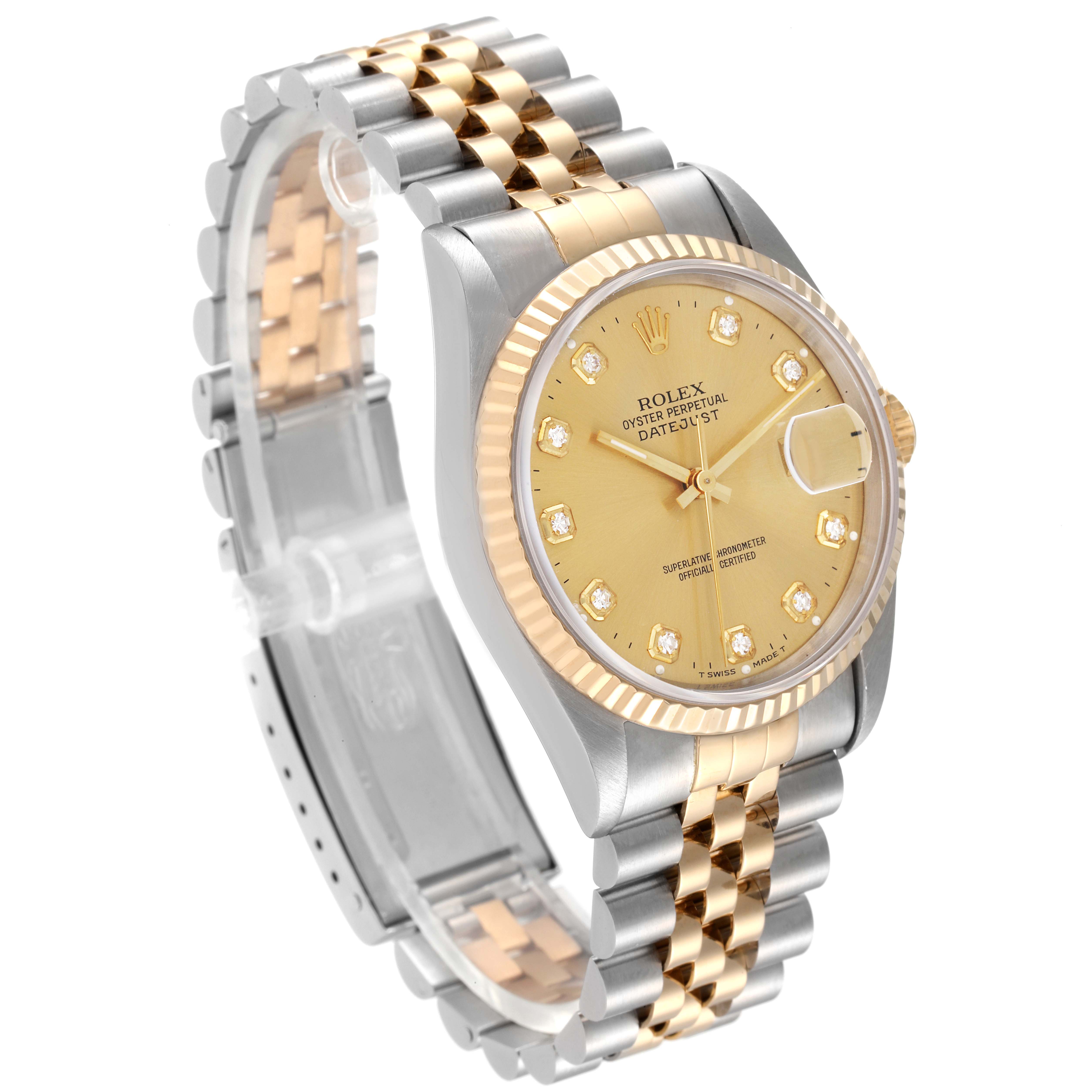 The image shows a Rolex Datejust 16233 Men's Steel and Gold (two tone) Champagne Dial 16233 Men's Steel and Gold (two tone) Champagne Dial watch angled to display the face, bezel, crown, and two-tone bracelet.