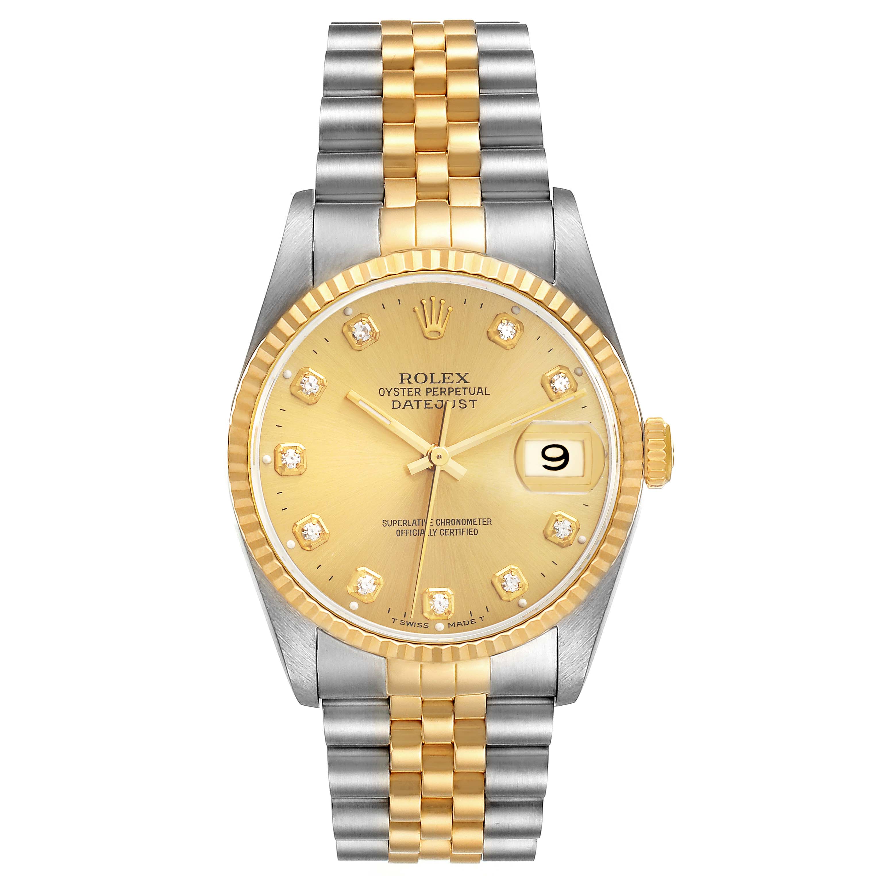 The image shows a front view of a Rolex Datejust 16233 Men's Steel and Gold (two tone) Champagne Dial 16233 Men's Steel and Gold (two tone) Champagne Dial watch, featuring a gold dial, fluted bezel, and two-tone Jubilee bracelet.