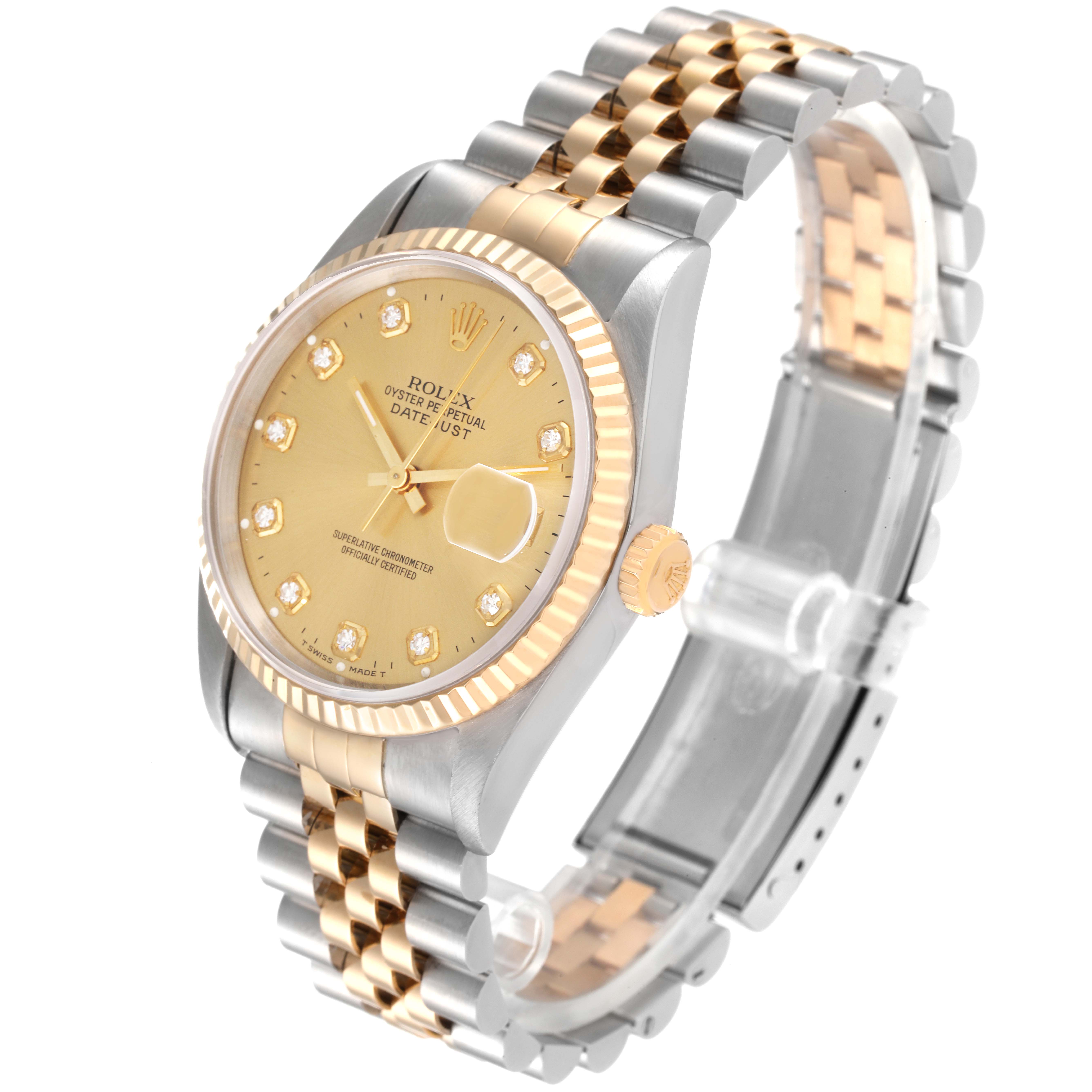 The image shows a Rolex Datejust 16233 Men's Steel and Gold (two tone) Champagne Dial 16233 Men's Steel and Gold (two tone) Champagne Dial watch from an angled side view, highlighting its gold and silver case and bracelet.