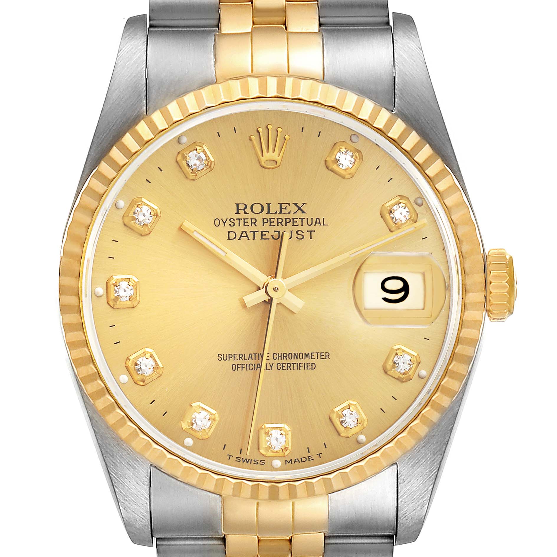 This is a front view of a Rolex Datejust 16233 Men's Steel and Gold (two tone) Champagne Dial 16233 Men's Steel and Gold (two tone) Champagne Dial watch showing the dial, bezel, and part of the bracelet.