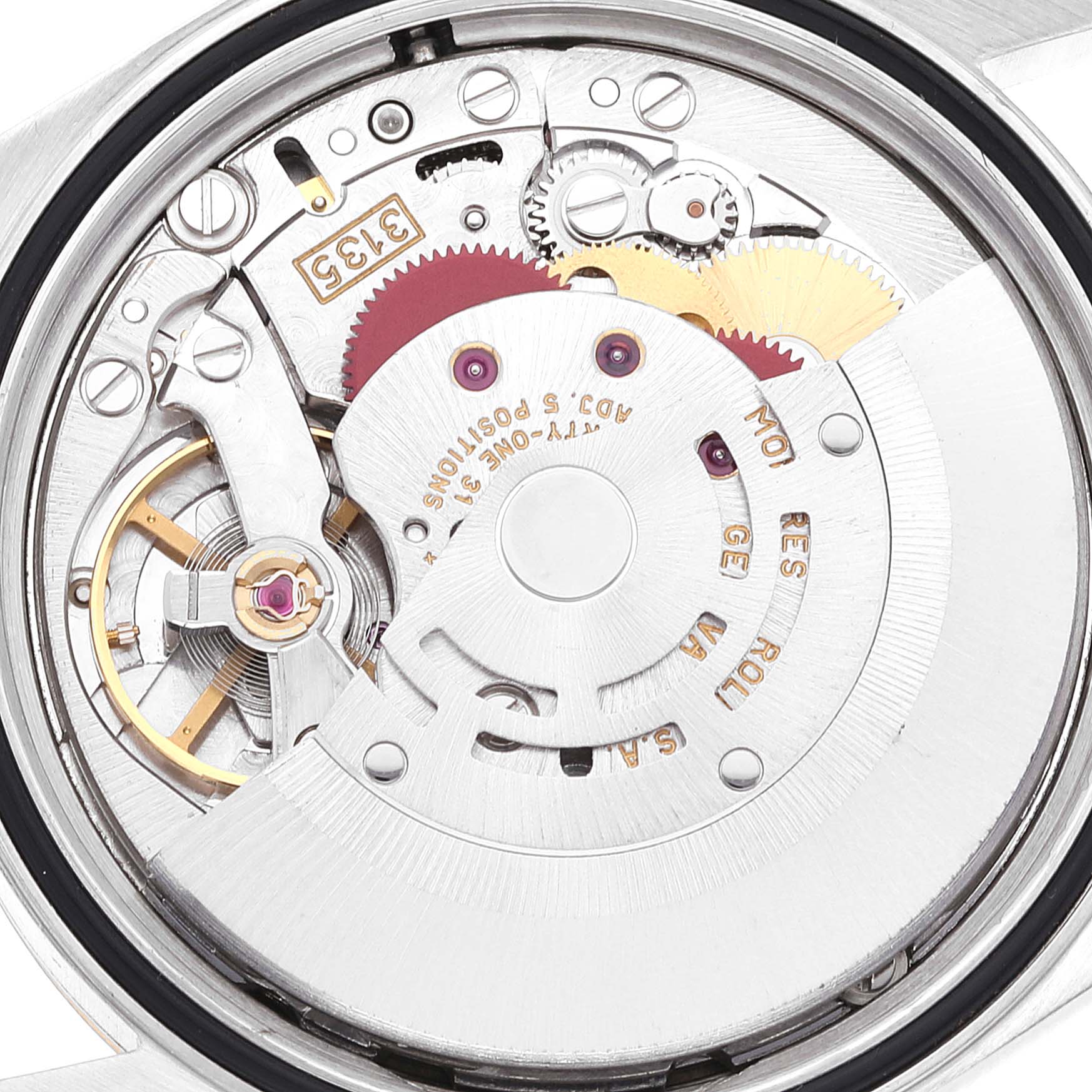 This image shows the movement mechanism of a Rolex Datejust 16233 Men's Steel and Gold (two tone) Champagne Dial 16233 Men's Steel and Gold (two tone) Champagne Dial watch from a straight-on angle.