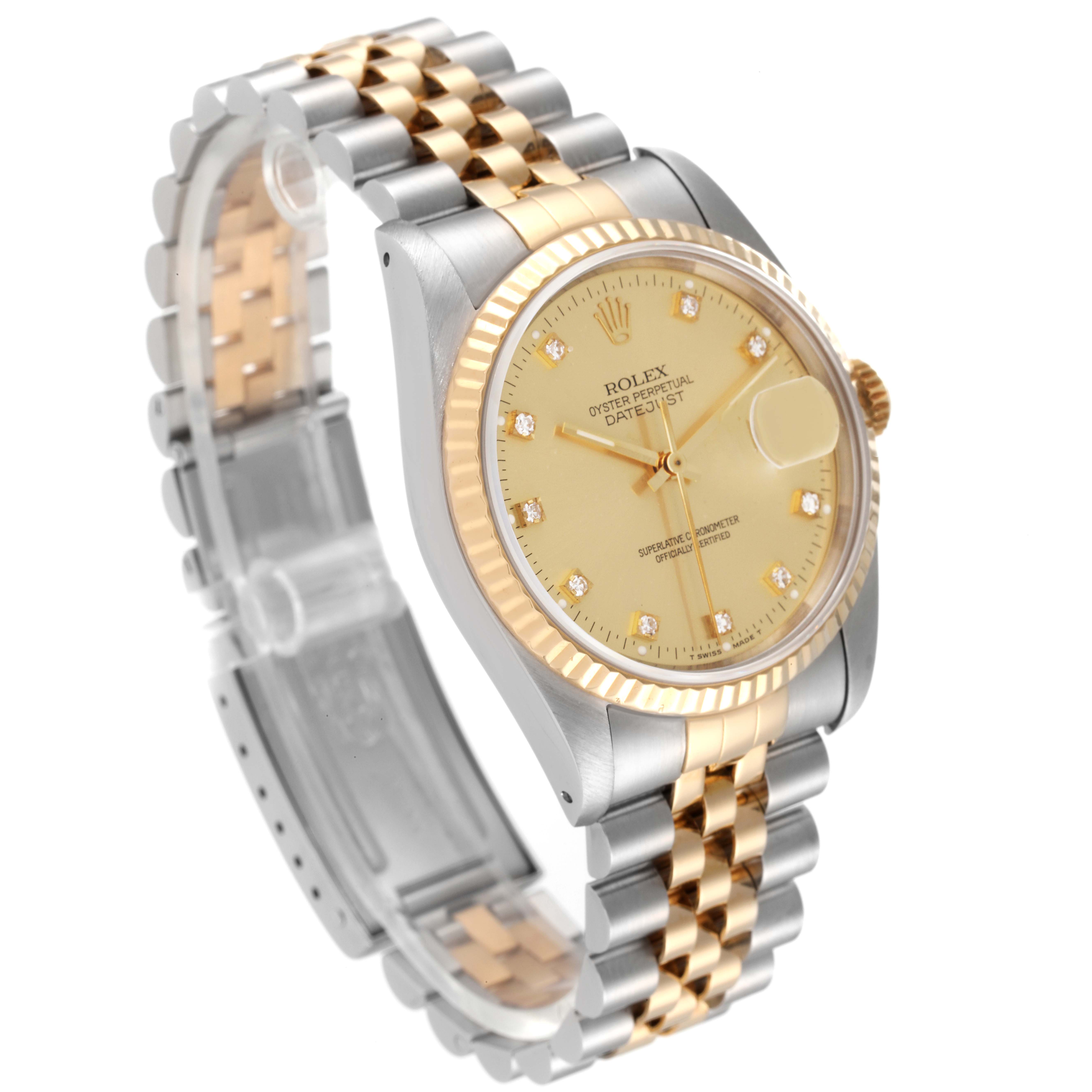 The Rolex Datejust 16233 Men's Steel and Gold (two tone) Champagne Dial 16233 Men's Steel and Gold (two tone) Champagne Dial watch is shown at a three-quarter angle, highlighting its dial, fluted bezel, and two-tone Jubilee bracelet.