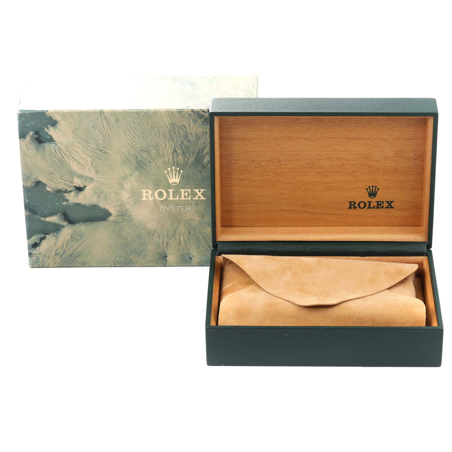 The image shows an open Rolex Datejust 16233 Men's Steel and Gold (two tone) Champagne Dial 16233 Men's Steel and Gold (two tone) Champagne Dial watch box with a tan leather cushion inside.