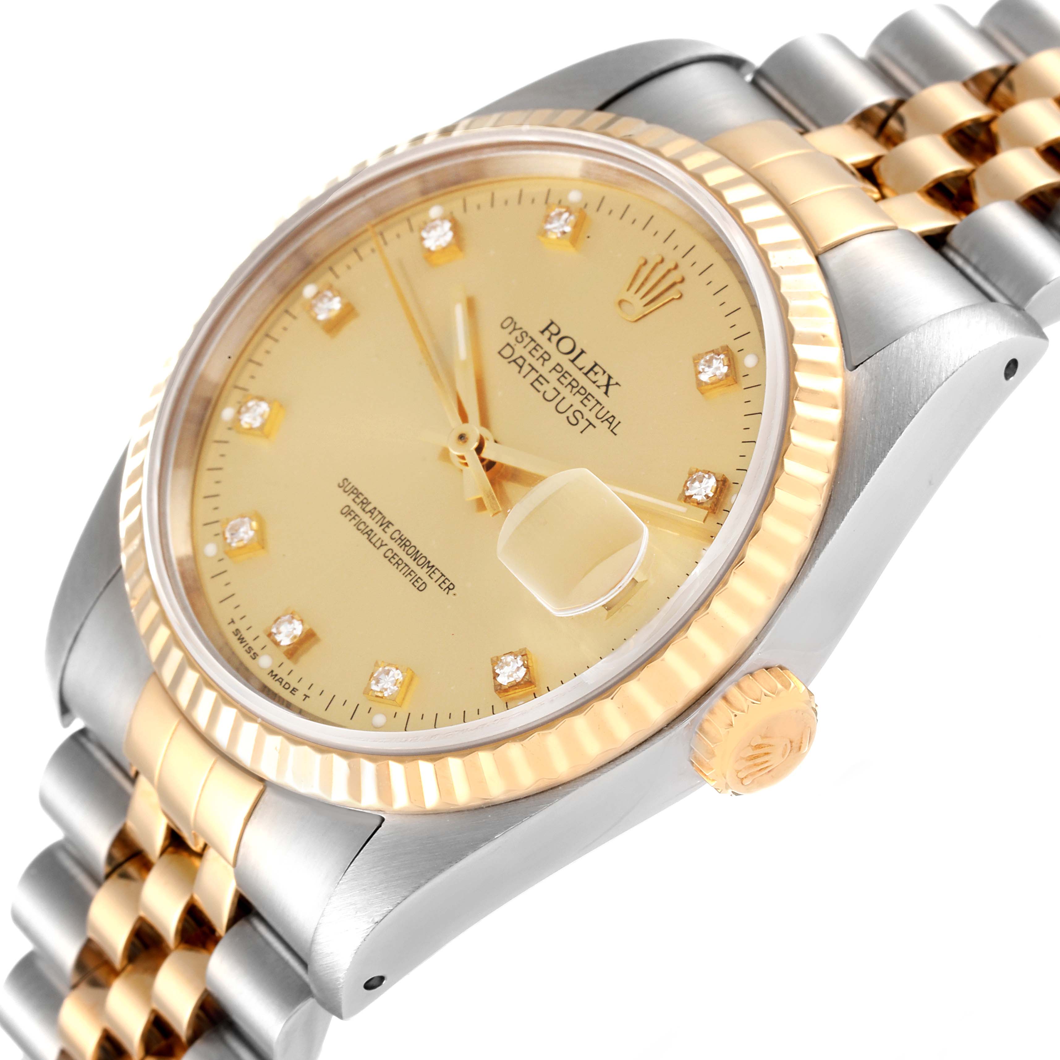 The image shows a Rolex Datejust 16233 Men's Steel and Gold (two tone) Champagne Dial 16233 Men's Steel and Gold (two tone) Champagne Dial watch angled from the front and slightly to the right, featuring its gold bezel, champagne dial, and two-tone bracelet.