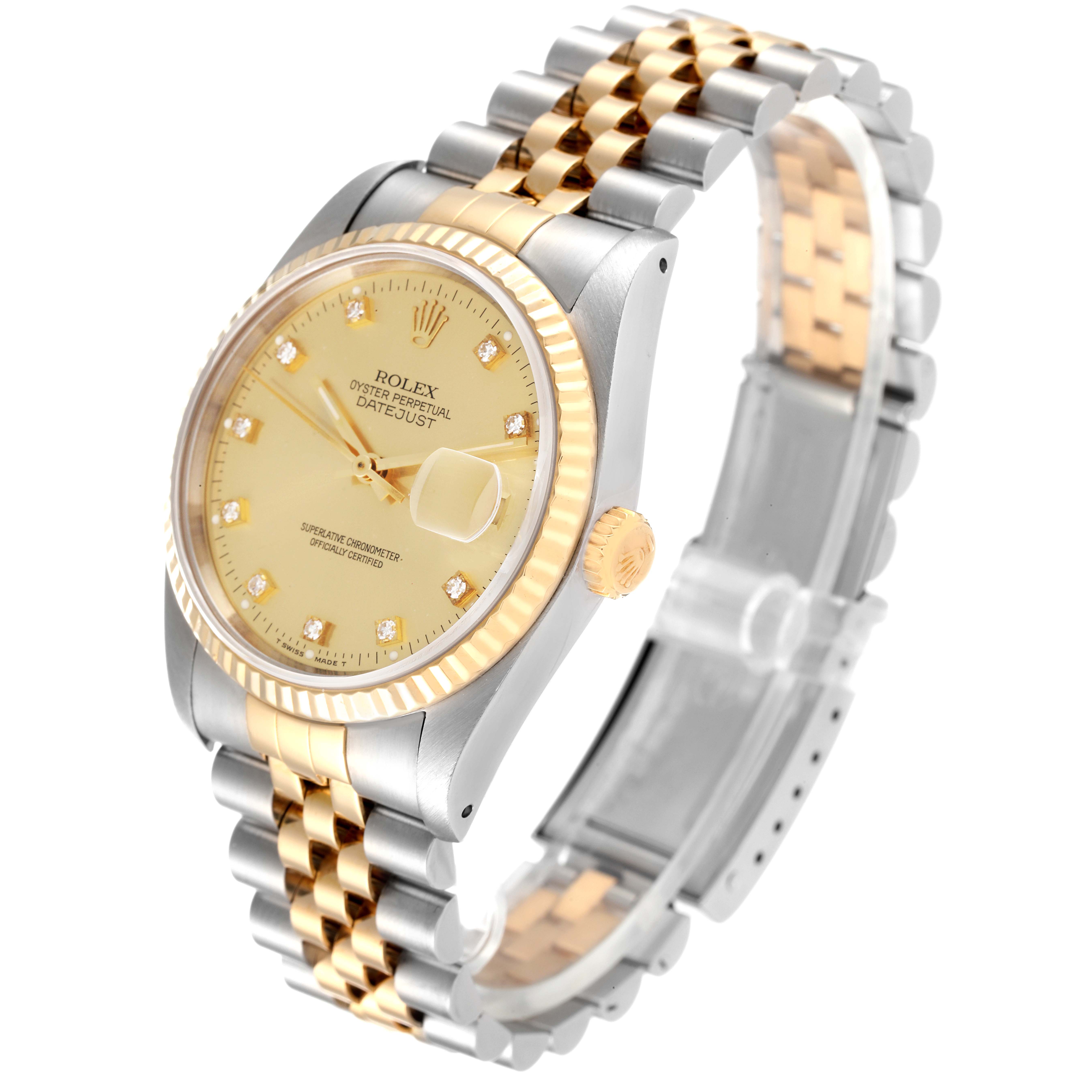 The Rolex Datejust 16233 Men's Steel and Gold (two tone) Champagne Dial 16233 Men's Steel and Gold (two tone) Champagne Dial watch is shown at a three-quarter angle, displaying its gold dial, fluted bezel, and two-tone Jubilee bracelet.
