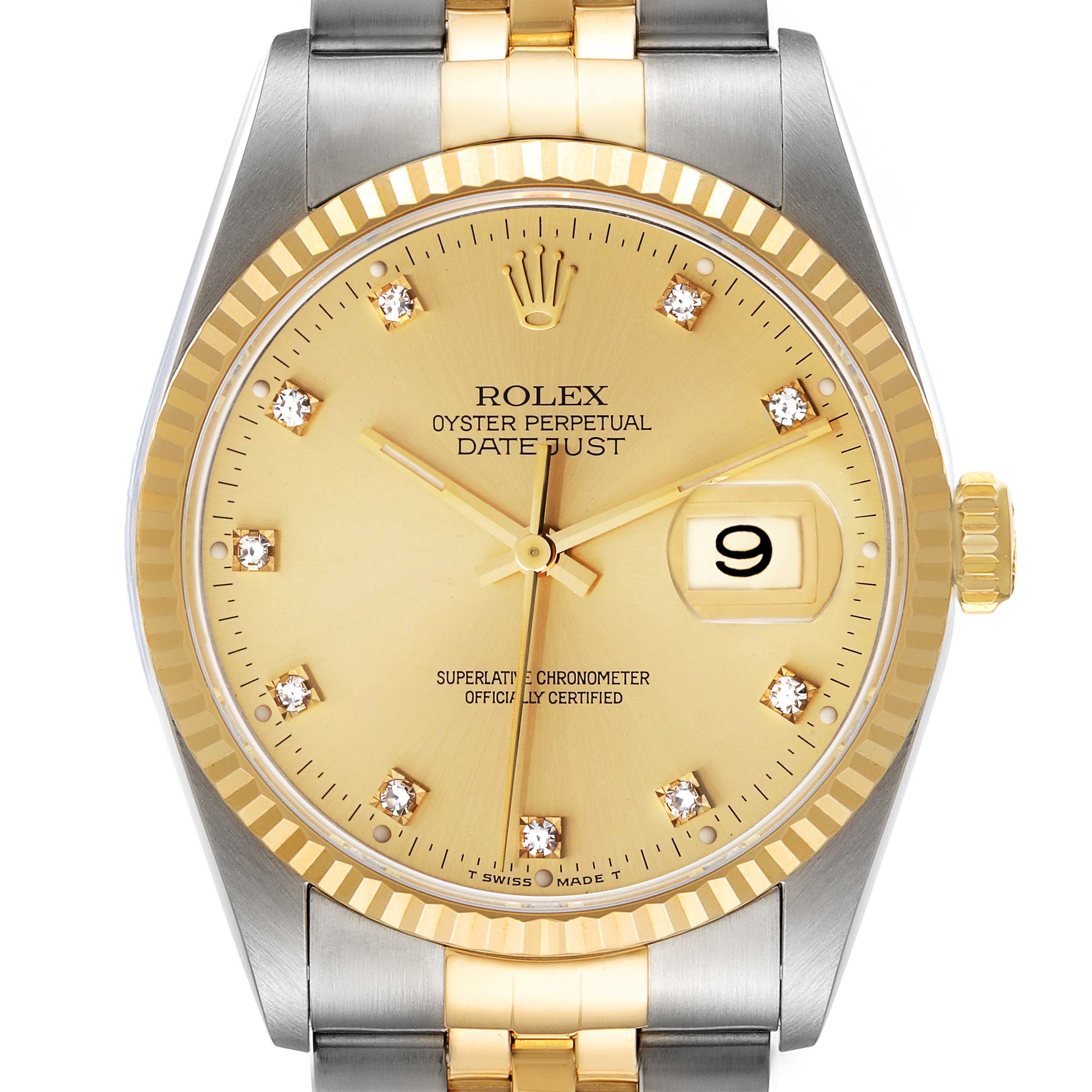 This image shows a front view of a Rolex Datejust 16233 Men's Steel and Gold (two tone) Champagne Dial 16233 Men's Steel and Gold (two tone) Champagne Dial watch, showcasing the dial, hands, crown, and part of the bracelet.