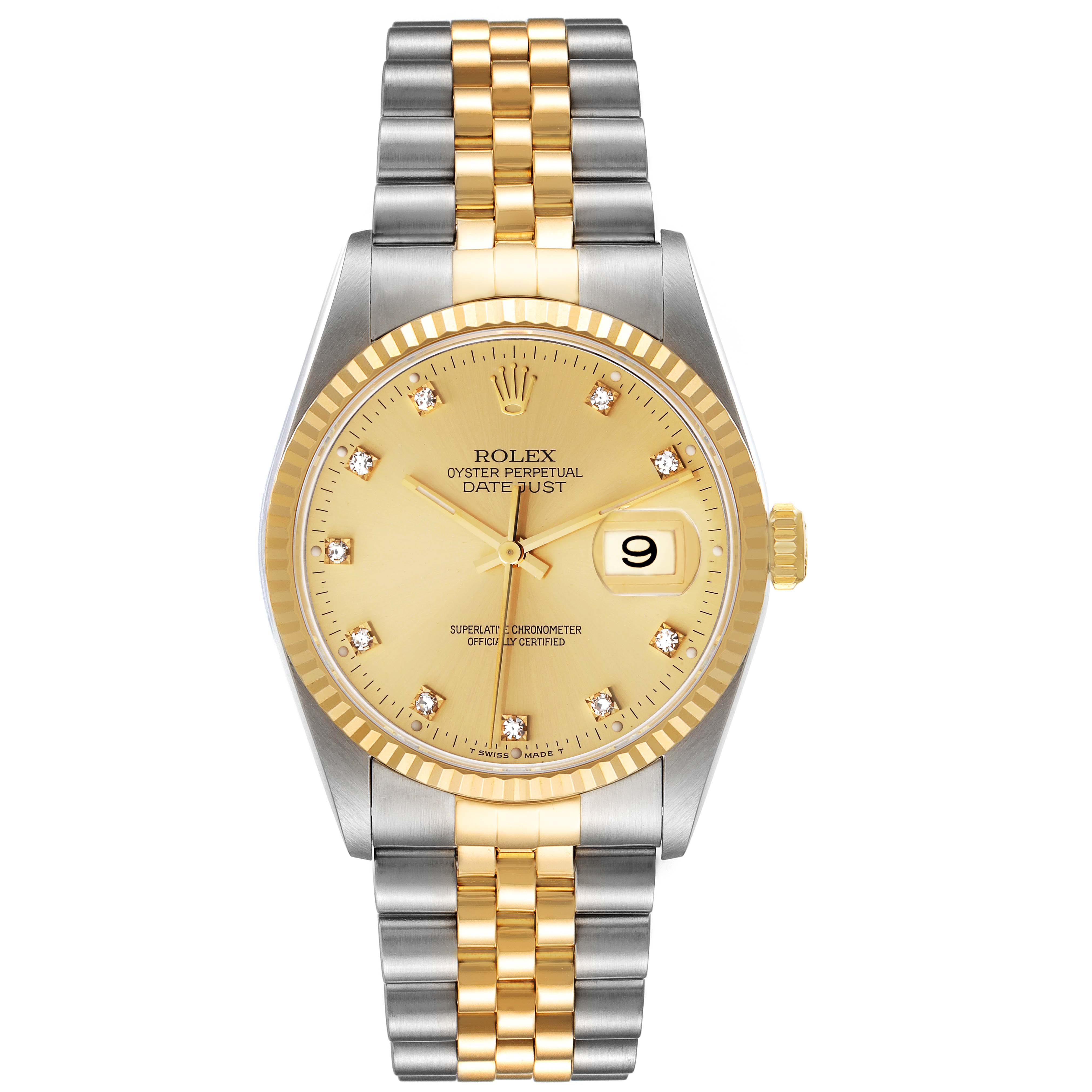 The Rolex Datejust 16233 Men's Steel and Gold (two tone) Champagne Dial 16233 Men's Steel and Gold (two tone) Champagne Dial watch is shown from a front angle, highlighting its gold dial, fluted bezel, date display, and two-tone bracelet.