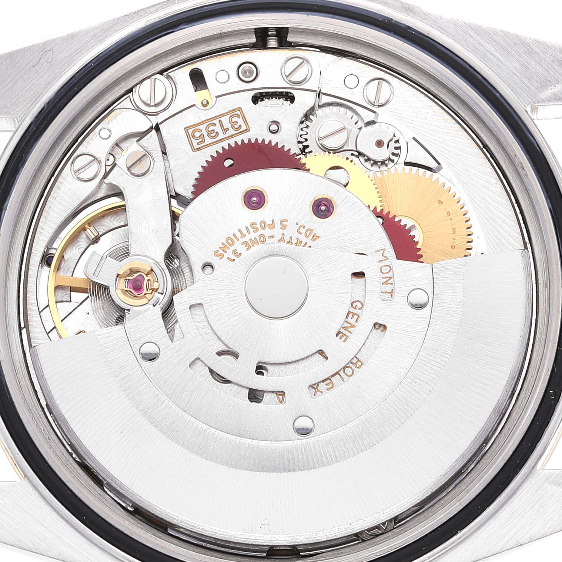 The image shows the intricate internal movement mechanism of a Rolex Datejust 16233 Men's Steel and Gold (two tone) Champagne Dial 16233 Men's Steel and Gold (two tone) Champagne Dial watch viewed from the back.