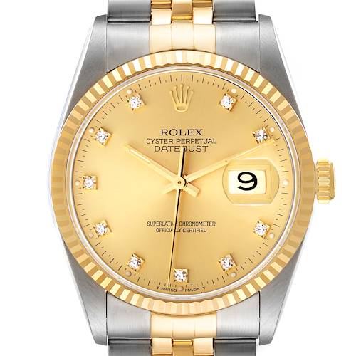 The image shows a frontal view of a Rolex Datejust watch featuring a gold dial, fluted bezel, diamond hour markers, and a two-tone bracelet.