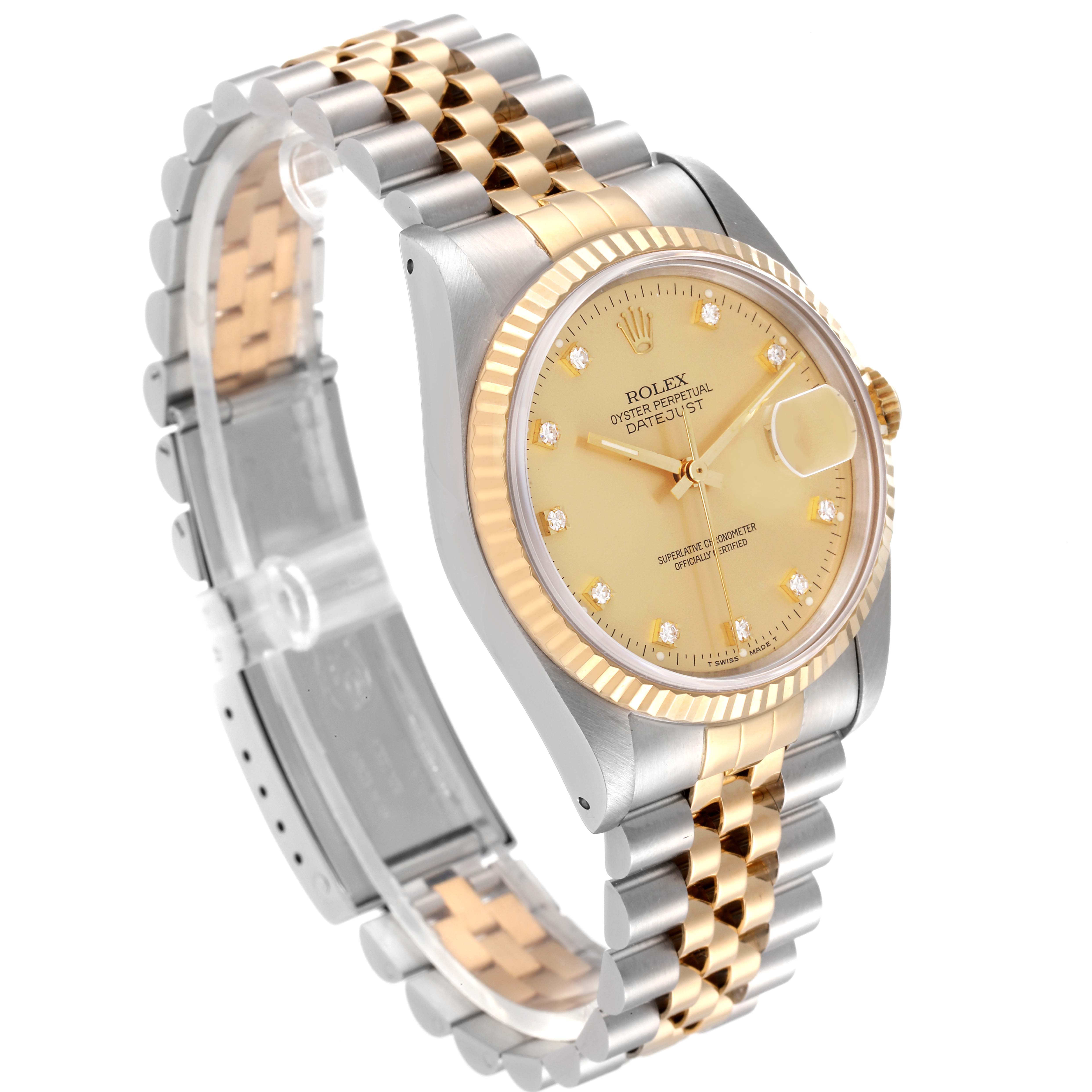 The image shows a side angle of a Rolex Datejust 16233 Men's Steel and Gold (two tone) Champagne Dial 16233 Men's Steel and Gold (two tone) Champagne Dial watch, highlighting its two-tone bracelet, fluted bezel, and champagne dial.