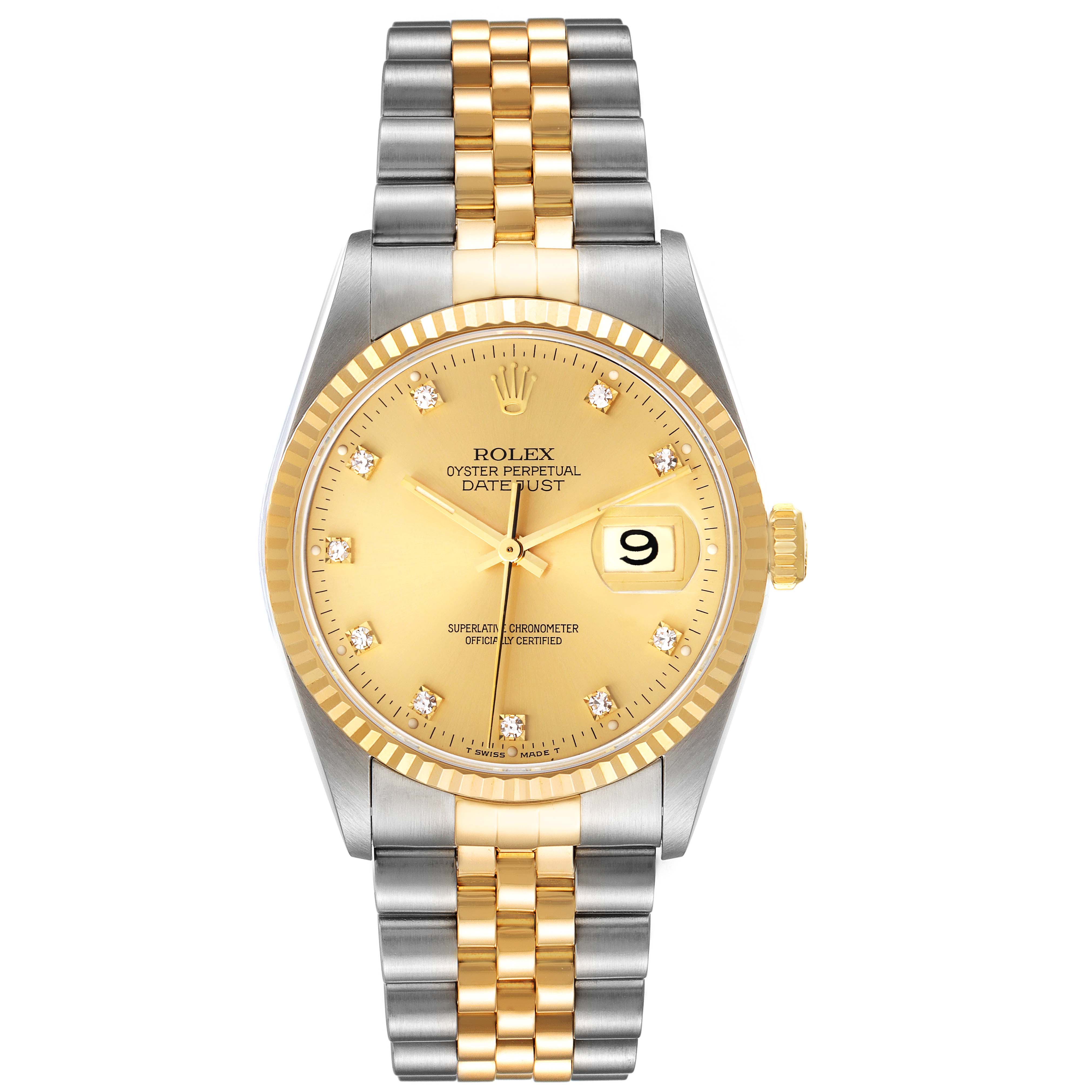 The Rolex Datejust 16233 Men's Steel and Gold (two tone) Champagne Dial 16233 Men's Steel and Gold (two tone) Champagne Dial watch is shown from a top view, highlighting the dial, bracelet, bezel, and crown.