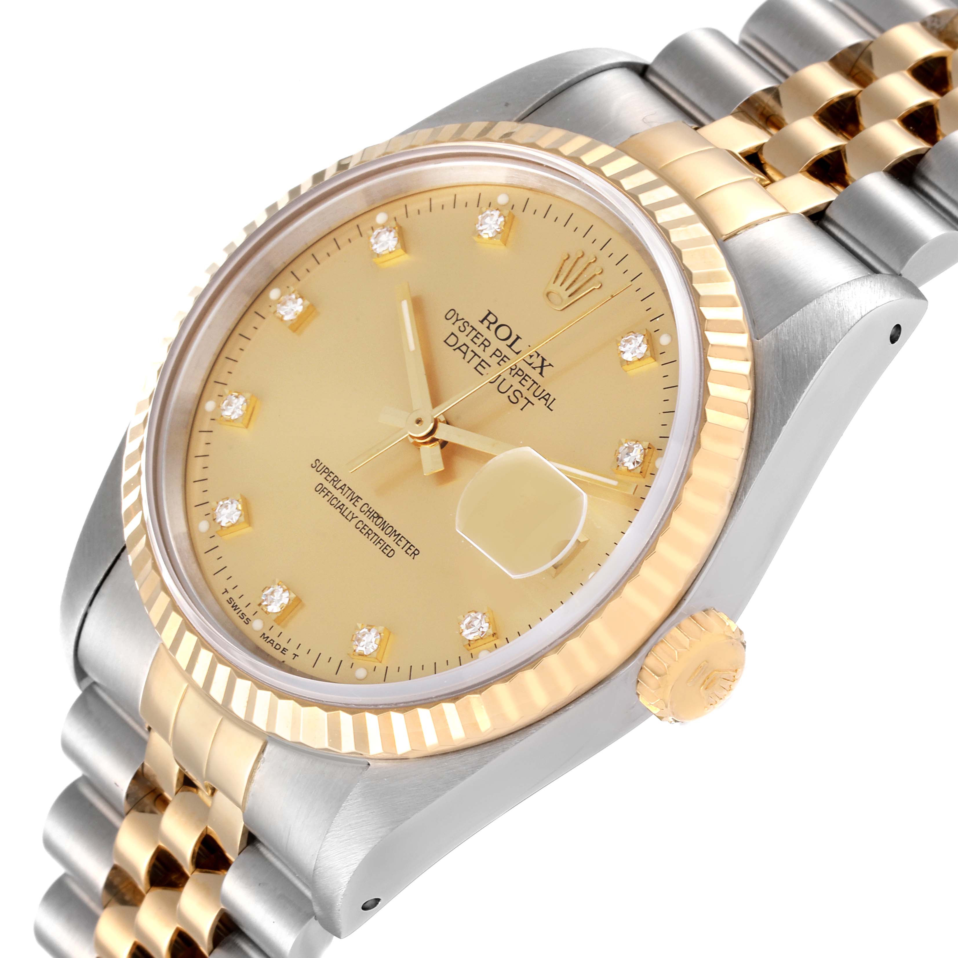 This image shows a close-up angled view of the dial, bezel, crown, and bracelet of the Rolex Datejust 16233 Men's Steel and Gold (two tone) Champagne Dial 16233 Men's Steel and Gold (two tone) Champagne Dial watch.