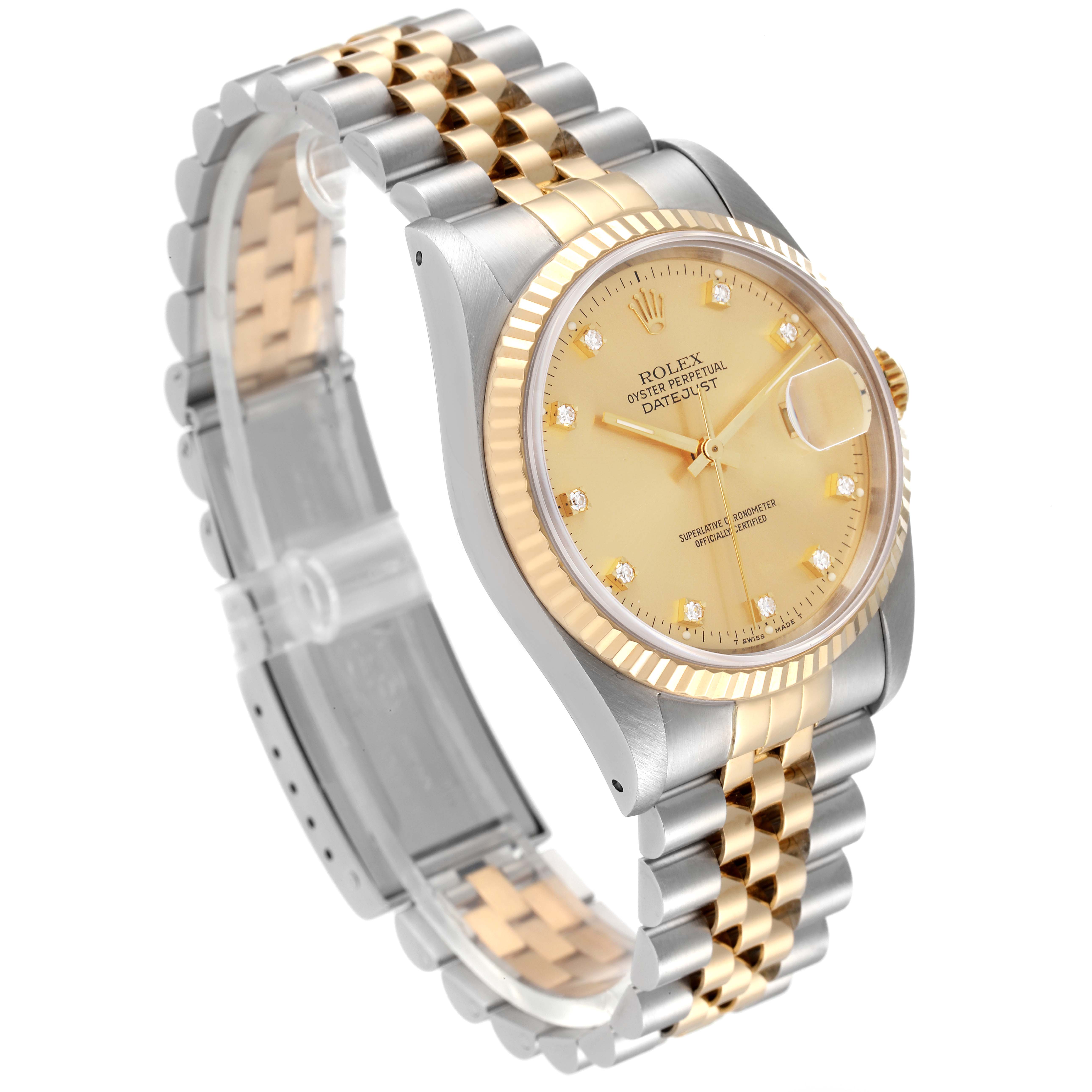 This image displays a Rolex Datejust 16233 Men's Steel and Gold (two tone) Champagne Dial 16233 Men's Steel and Gold (two tone) Champagne Dial watch at a three-quarter angle, showcasing the face, bezel, and part of the bracelet.