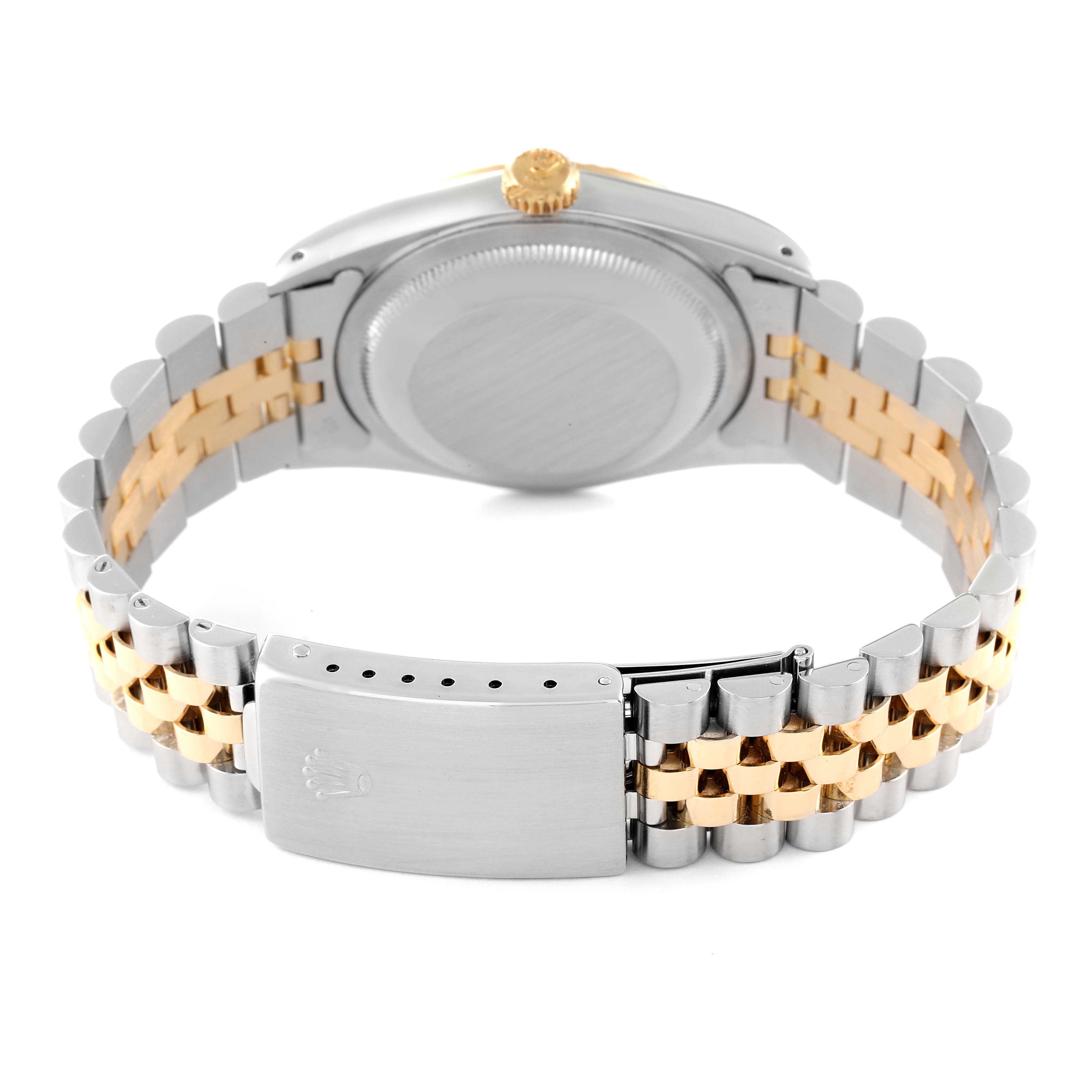 The image shows the back of the Rolex Datejust 16233 Men's Steel and Gold (two tone) Champagne Dial 16233 Men's Steel and Gold (two tone) Champagne Dial watch, displaying the case back and two-tone bracelet with the clasp.