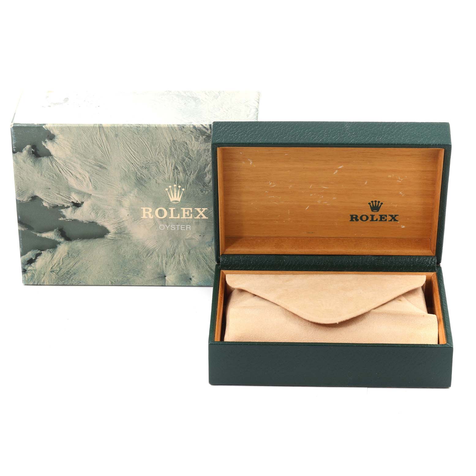 The image shows an open Rolex Datejust 16233 Men's Steel and Gold (two tone) Champagne Dial 16233 Men's Steel and Gold (two tone) Champagne Dial watch box and an outer box with the Rolex branding.