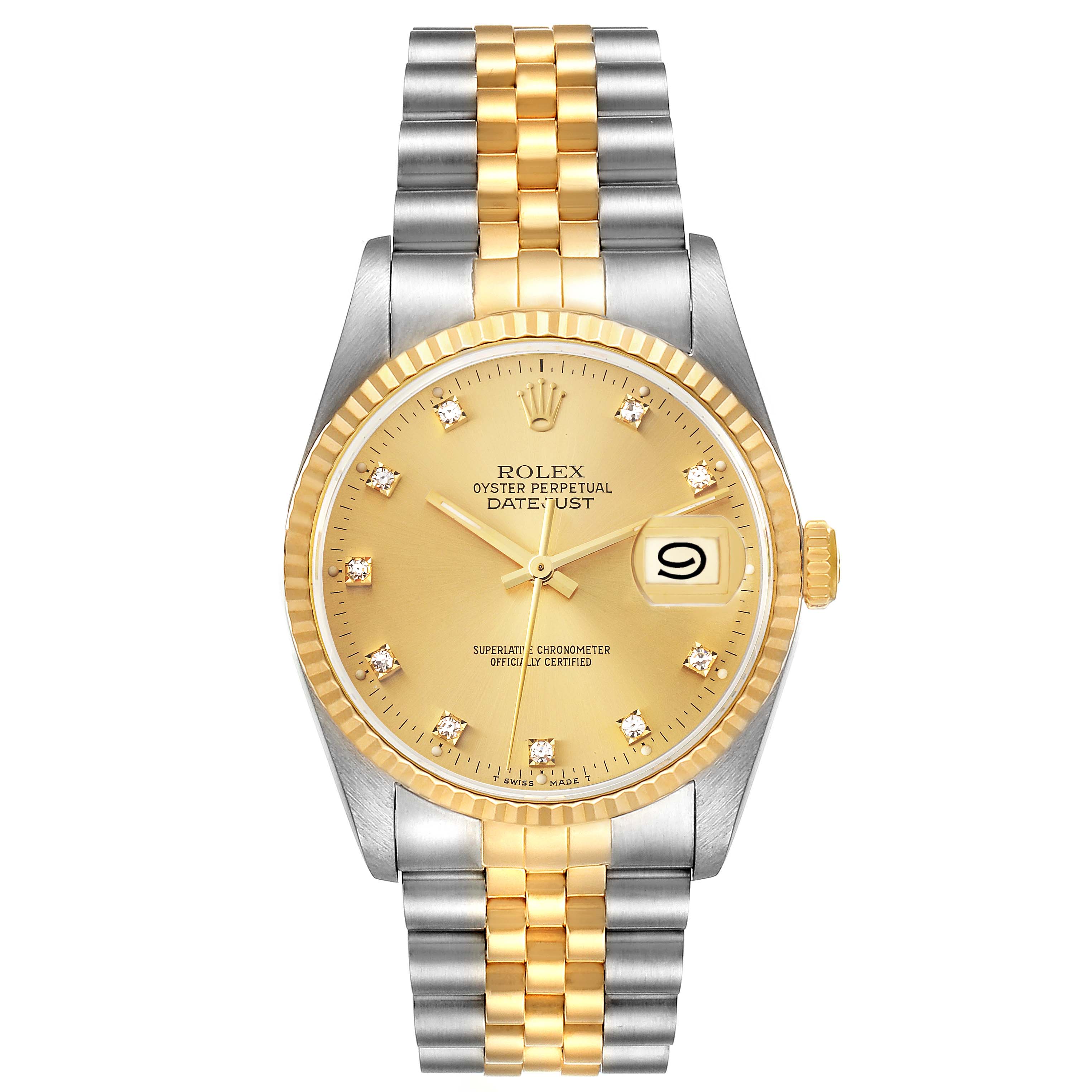 The image shows a front view of the Rolex Datejust 16233 Men's Steel and Gold (two tone) Champagne Dial 16233 Men's Steel and Gold (two tone) Champagne Dial watch, highlighting the dial, hands, bezel, and bracelet.