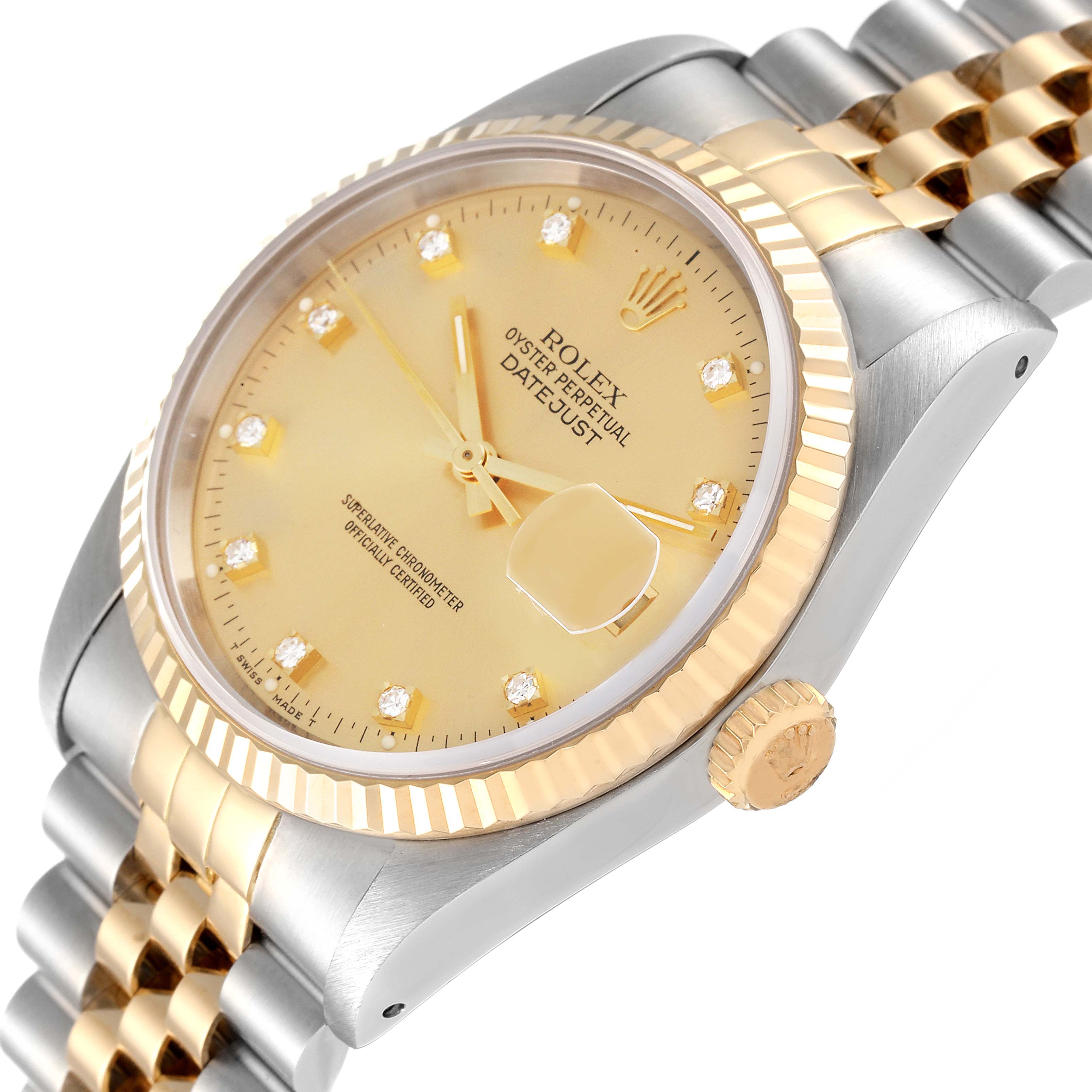 This image shows a Rolex Datejust 16233 Men's Steel and Gold (two tone) Champagne Dial 16233 Men's Steel and Gold (two tone) Champagne Dial watch from an angled side view, highlighting the dial, case, crown, and bracelet.