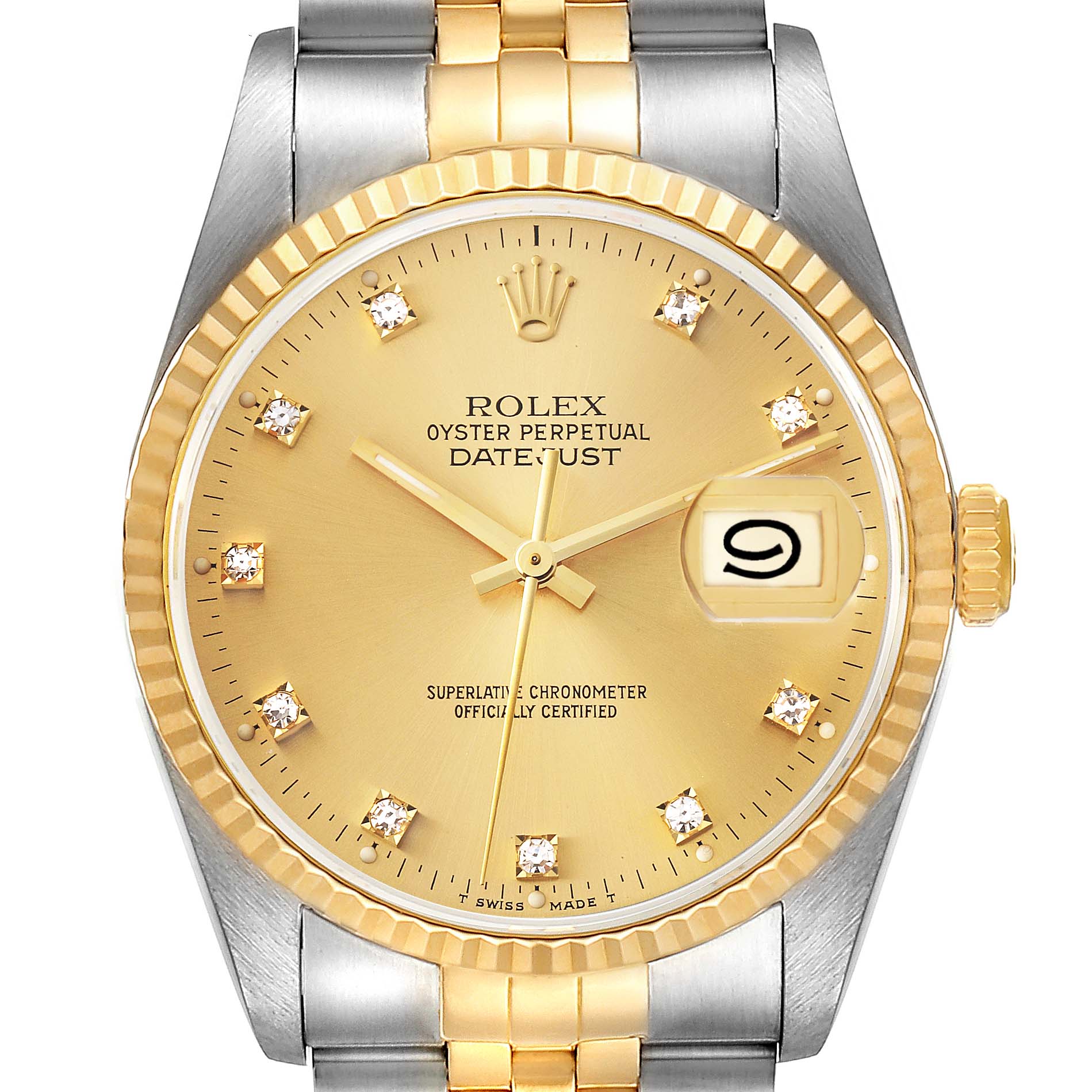 This is a frontal view of a Rolex Datejust 16233 Men's Steel and Gold (two tone) Champagne Dial 16233 Men's Steel and Gold (two tone) Champagne Dial watch, showcasing its dial, bezel, crown, and bracelet.