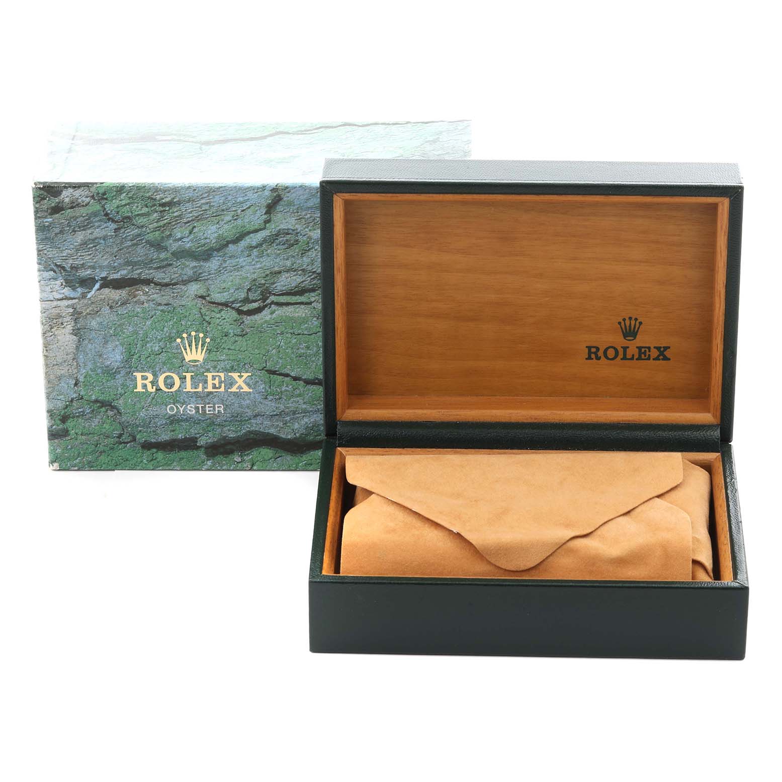 The image shows the packaging for a Rolex Datejust 16233 Men's Steel and Gold (two tone) Champagne Dial 16233 Men's Steel and Gold (two tone) Champagne Dial, including an open green box with beige interior and an outer box.