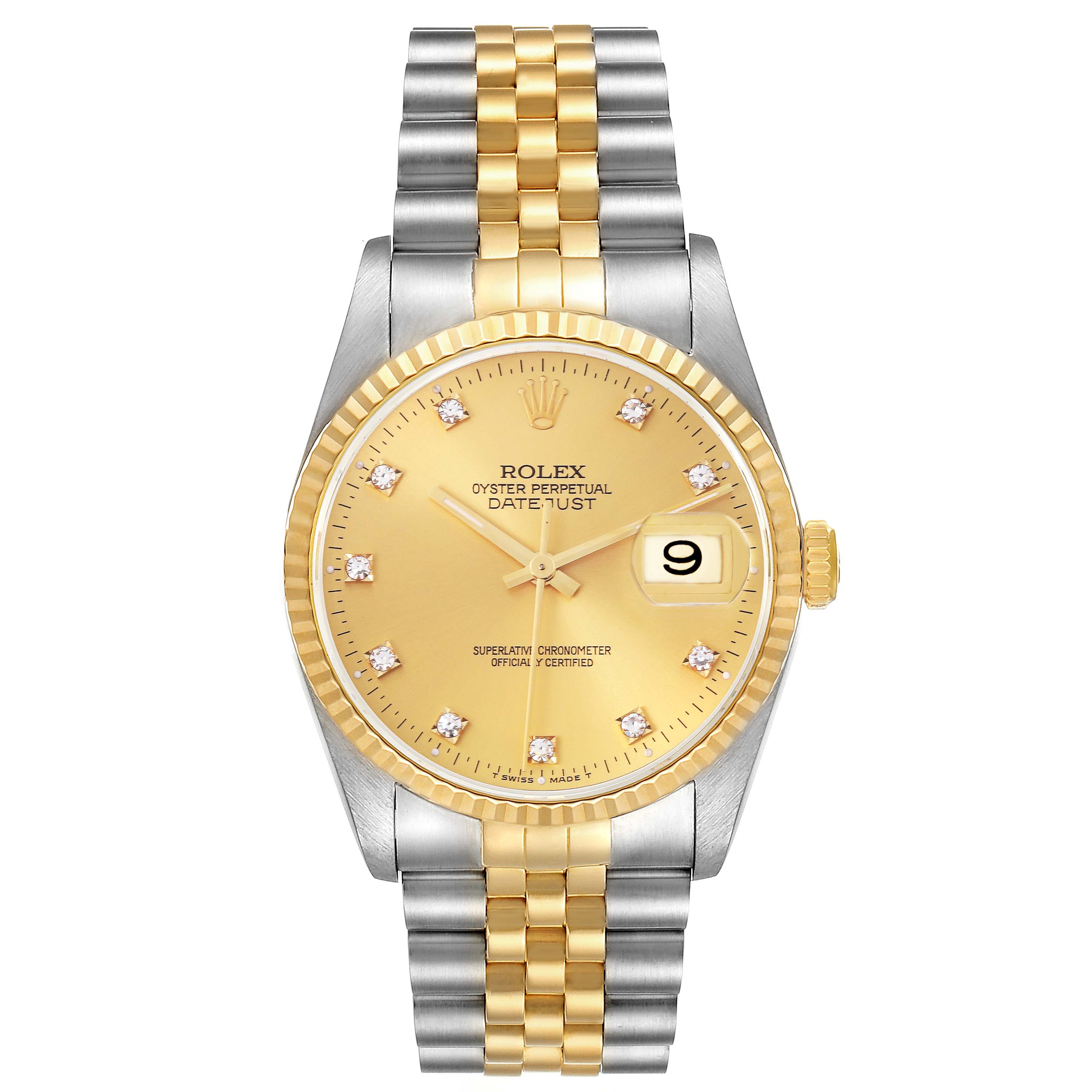 The Rolex Datejust 16233 Men's Steel and Gold (two tone) Champagne Dial 16233 Men's Steel and Gold (two tone) Champagne Dial watch is shown from a front angle, highlighting the dial, bezel, and bracelet.