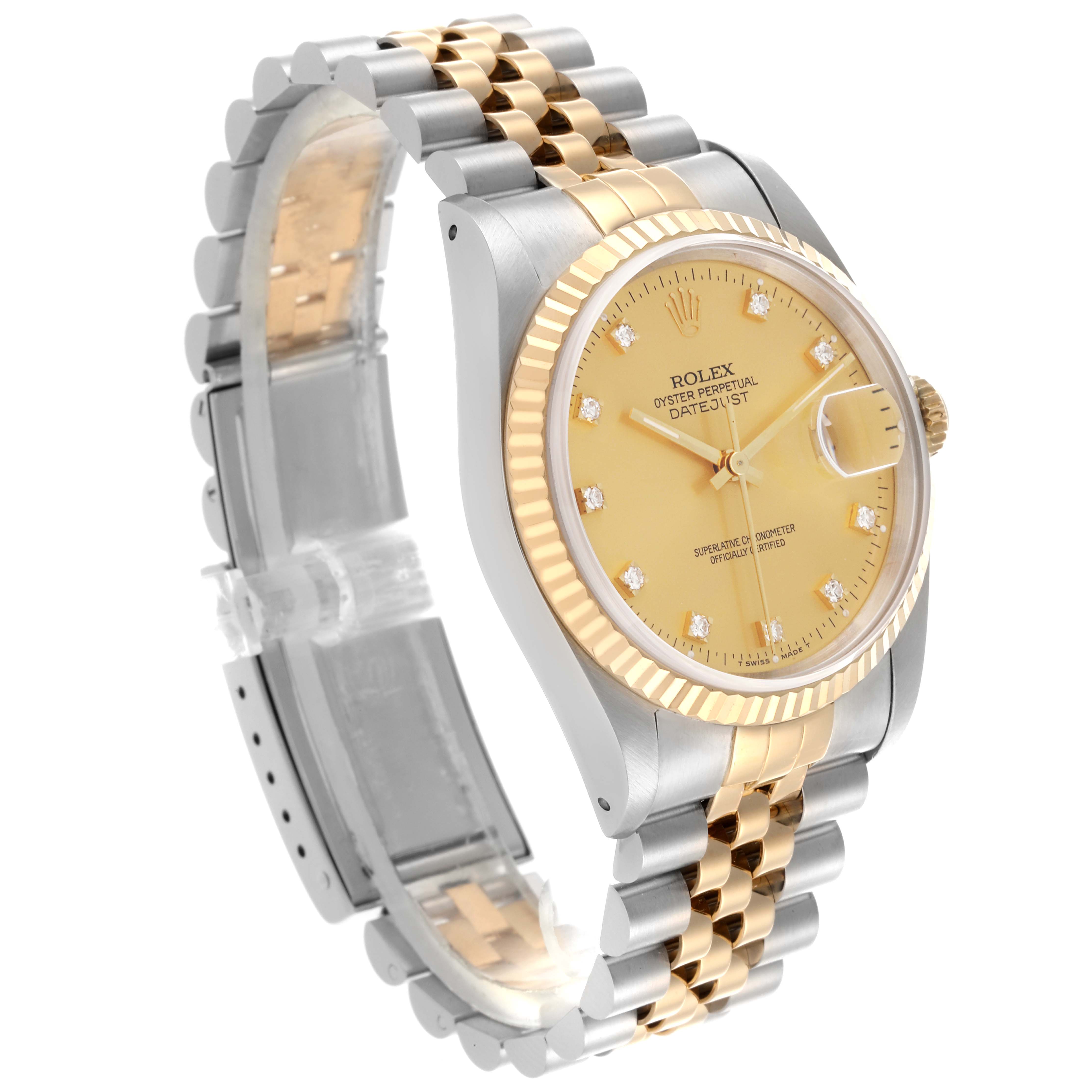 The Rolex Datejust 16233 Men's Steel and Gold (two tone) Champagne Dial 16233 Men's Steel and Gold (two tone) Champagne Dial is shown at a three-quarter angle, displaying its gold dial, fluted bezel, and two-tone bracelet.