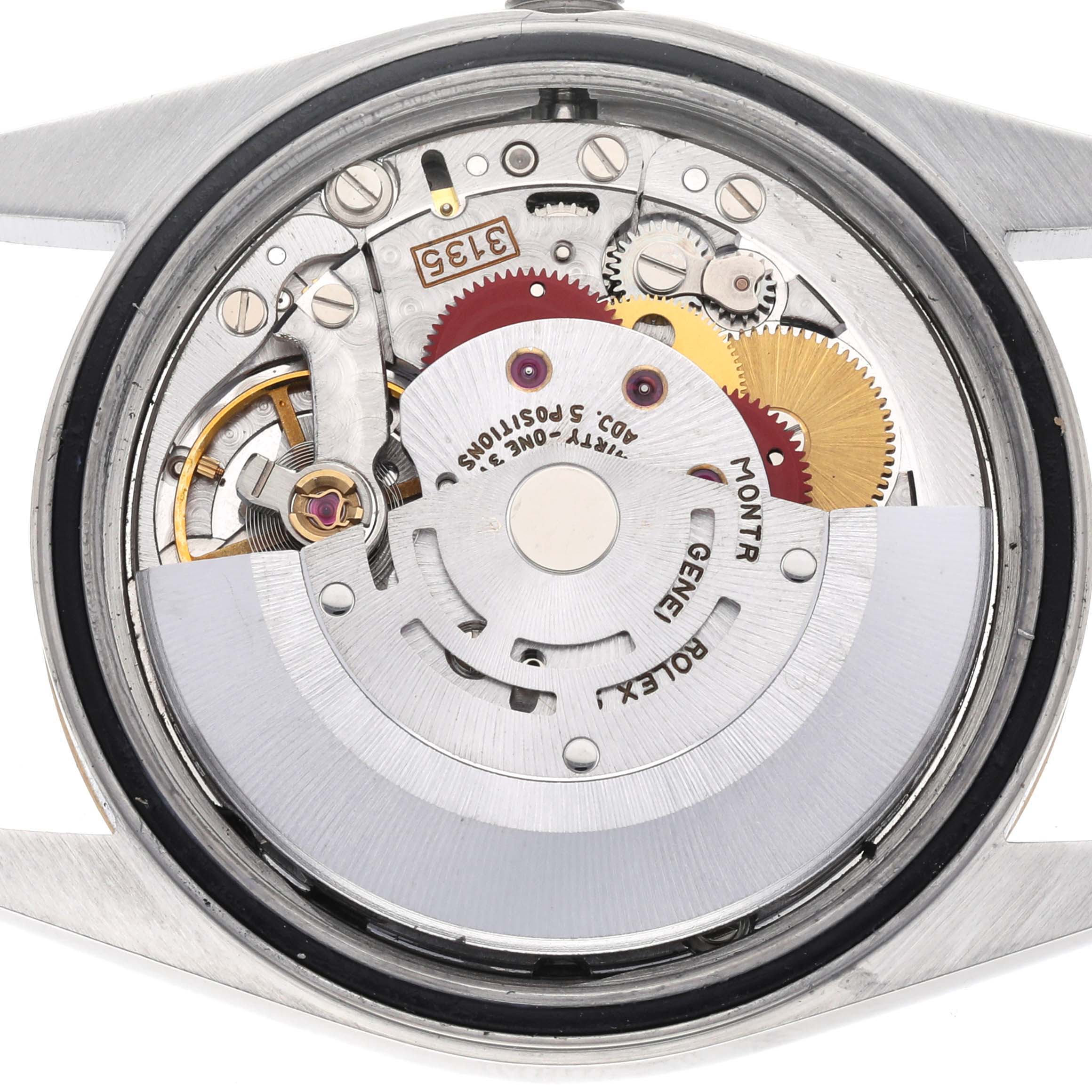 The image shows the movement mechanism of a Rolex Datejust 16233 Men's Steel and Gold (two tone) Champagne Dial 16233 Men's Steel and Gold (two tone) Champagne Dial watch from a top-down angle.