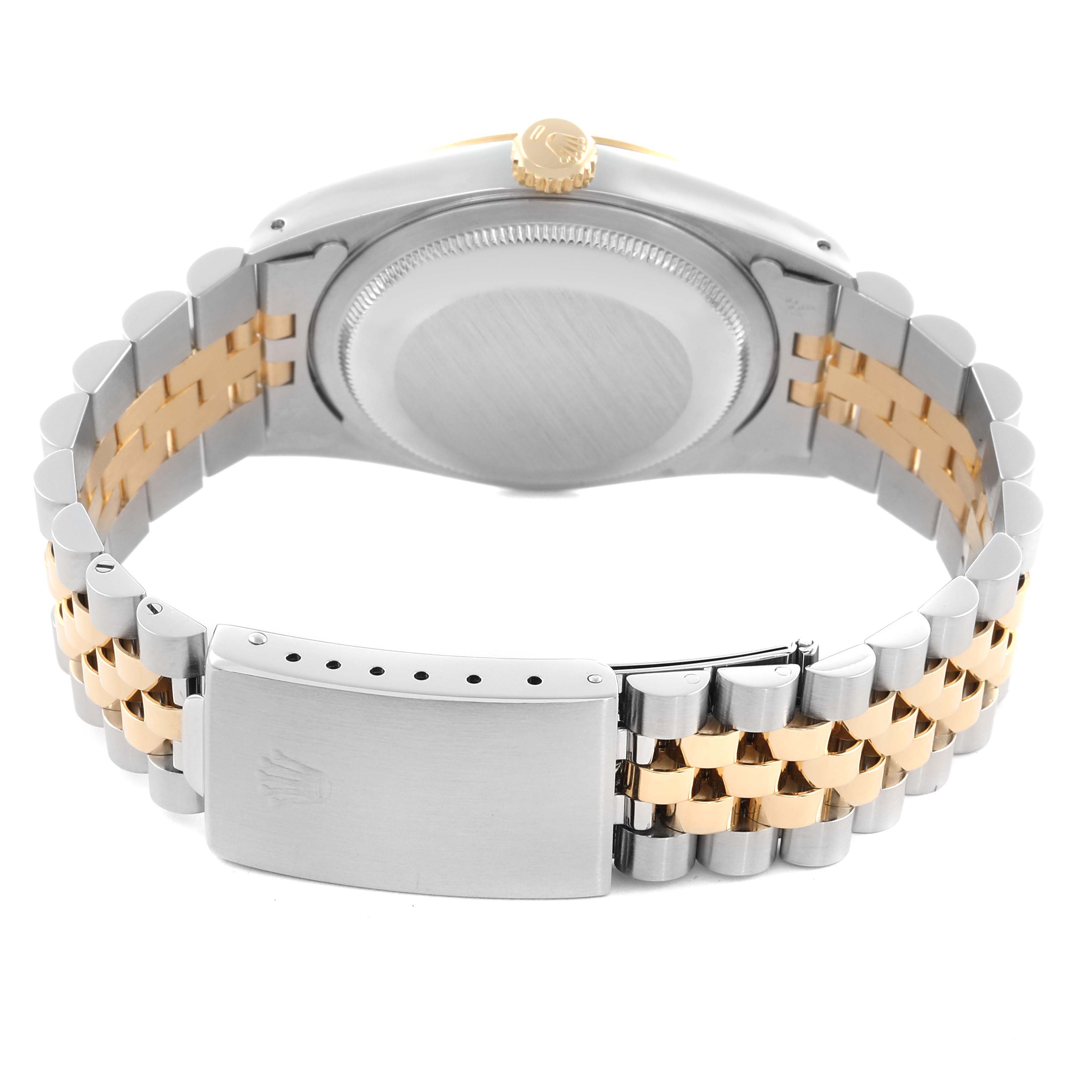 The image shows the back of the Rolex Datejust 16233 Men's Steel and Gold (two tone) Champagne Dial 16233 Men's Steel and Gold (two tone) Champagne Dial, highlighting the bracelet, clasp, case back, and crown.